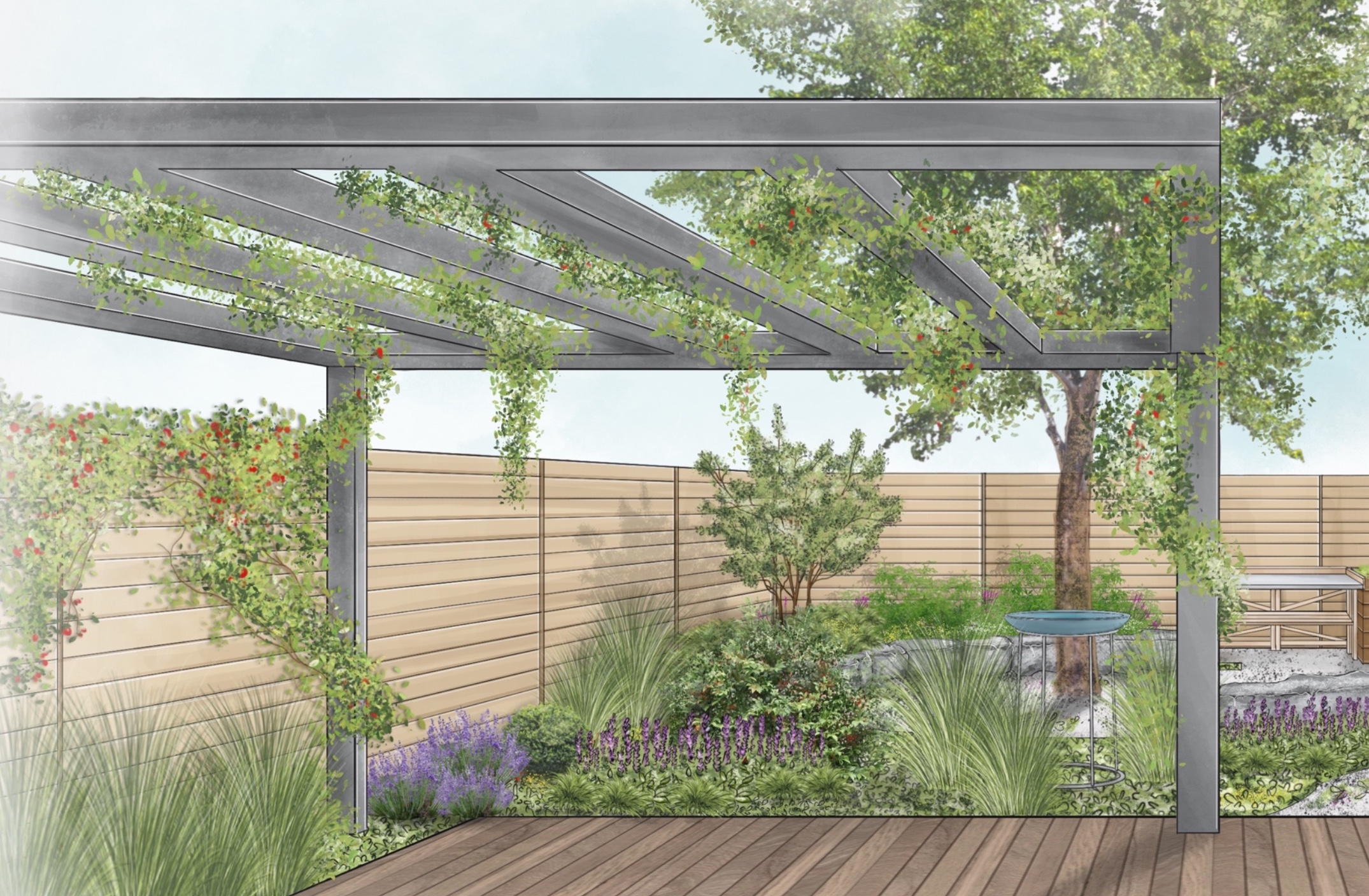 Animierte Pergola im Garten.