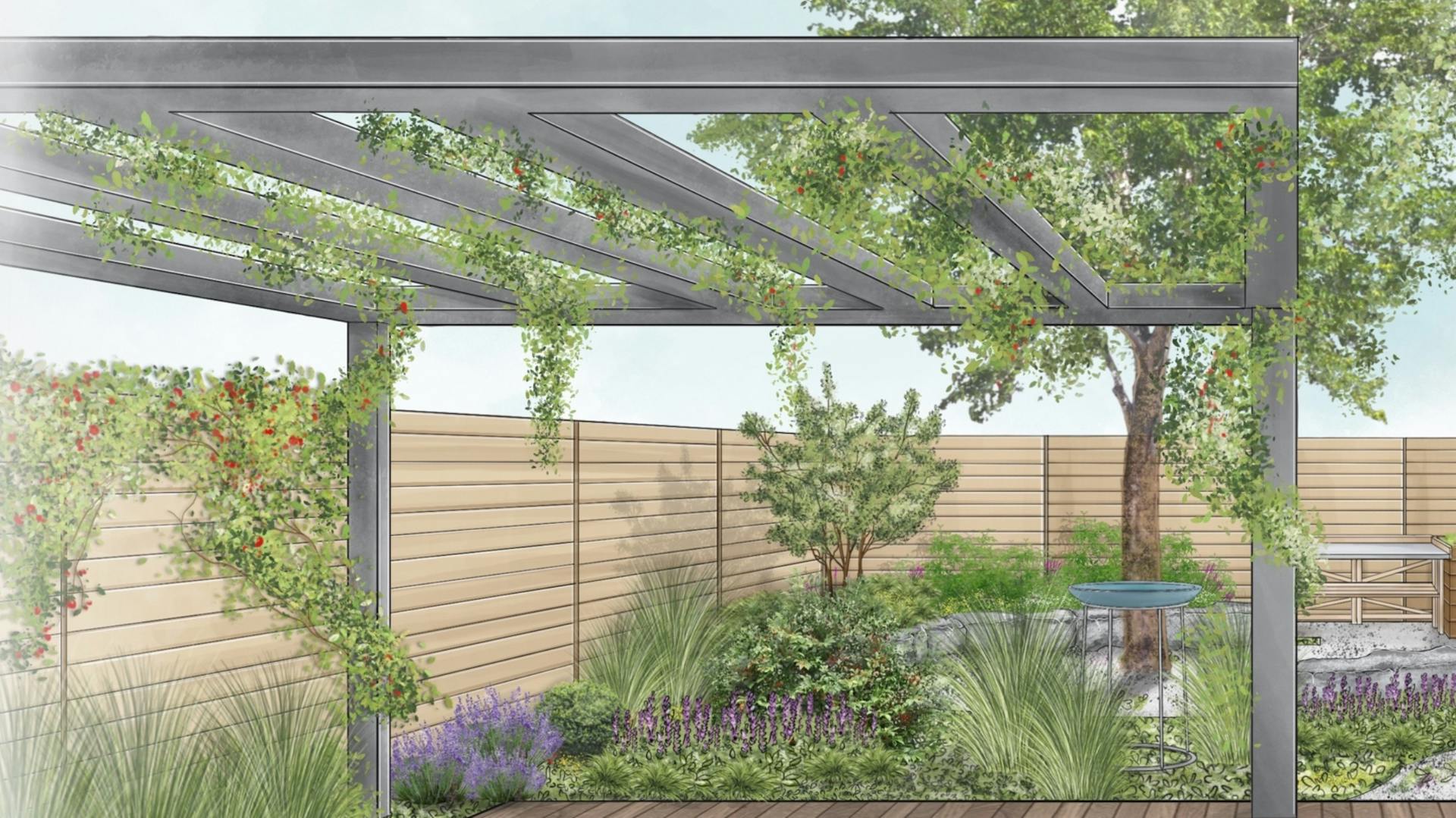 Animierte Pergola im Garten.