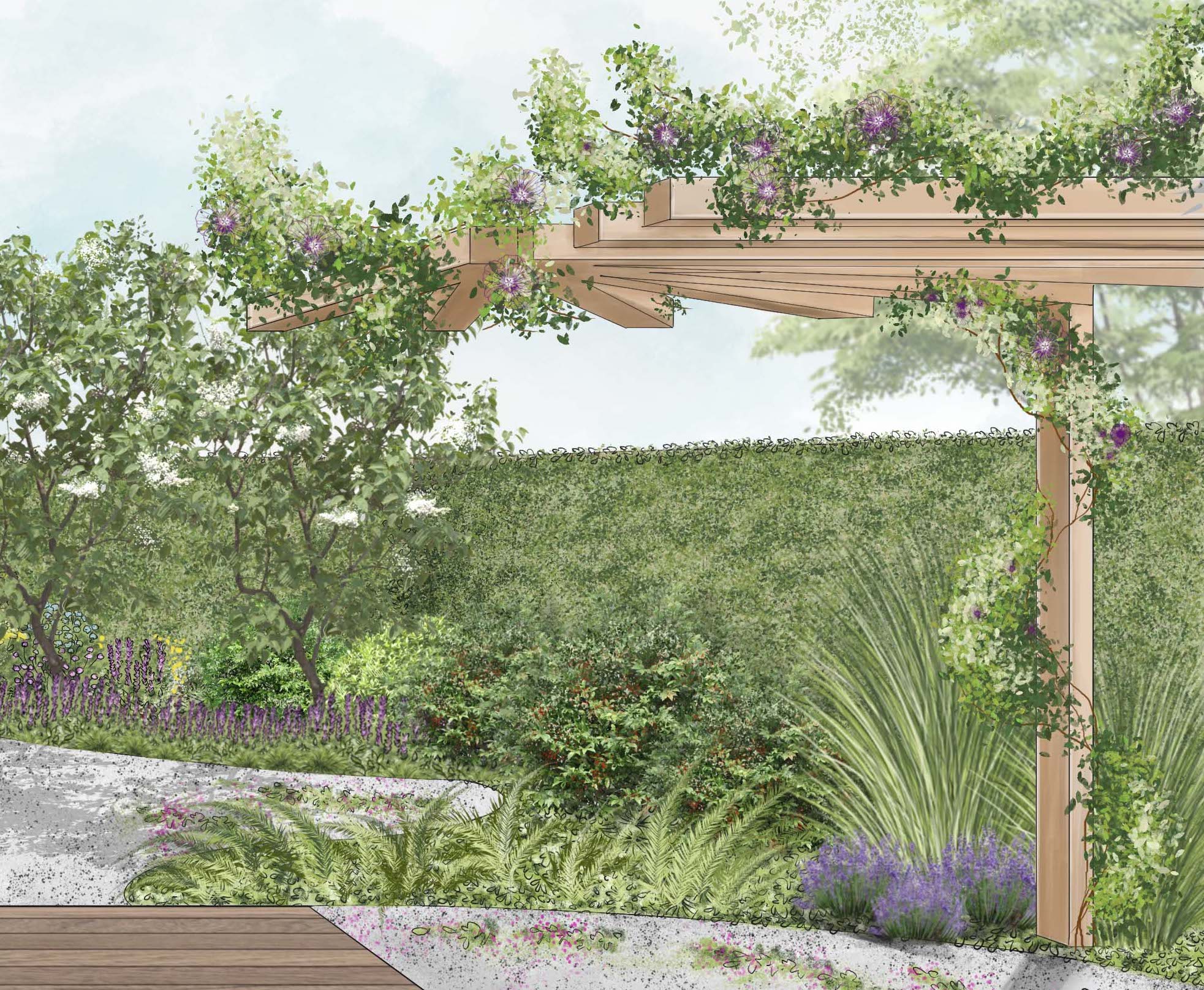 Természetes kert vázlata pergolával