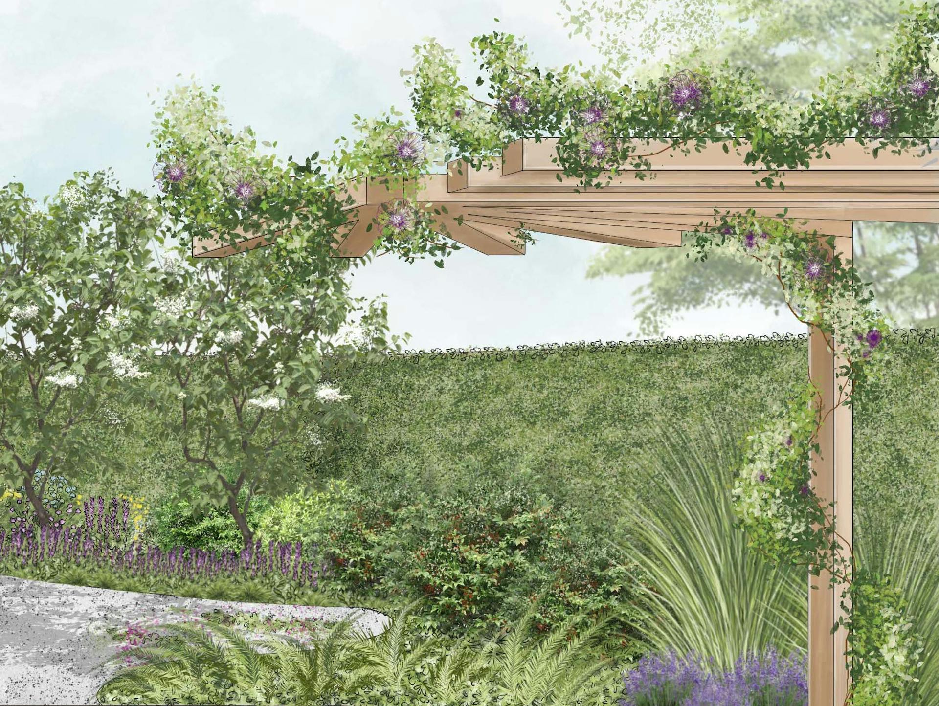 Természetes kert vázlata pergolával