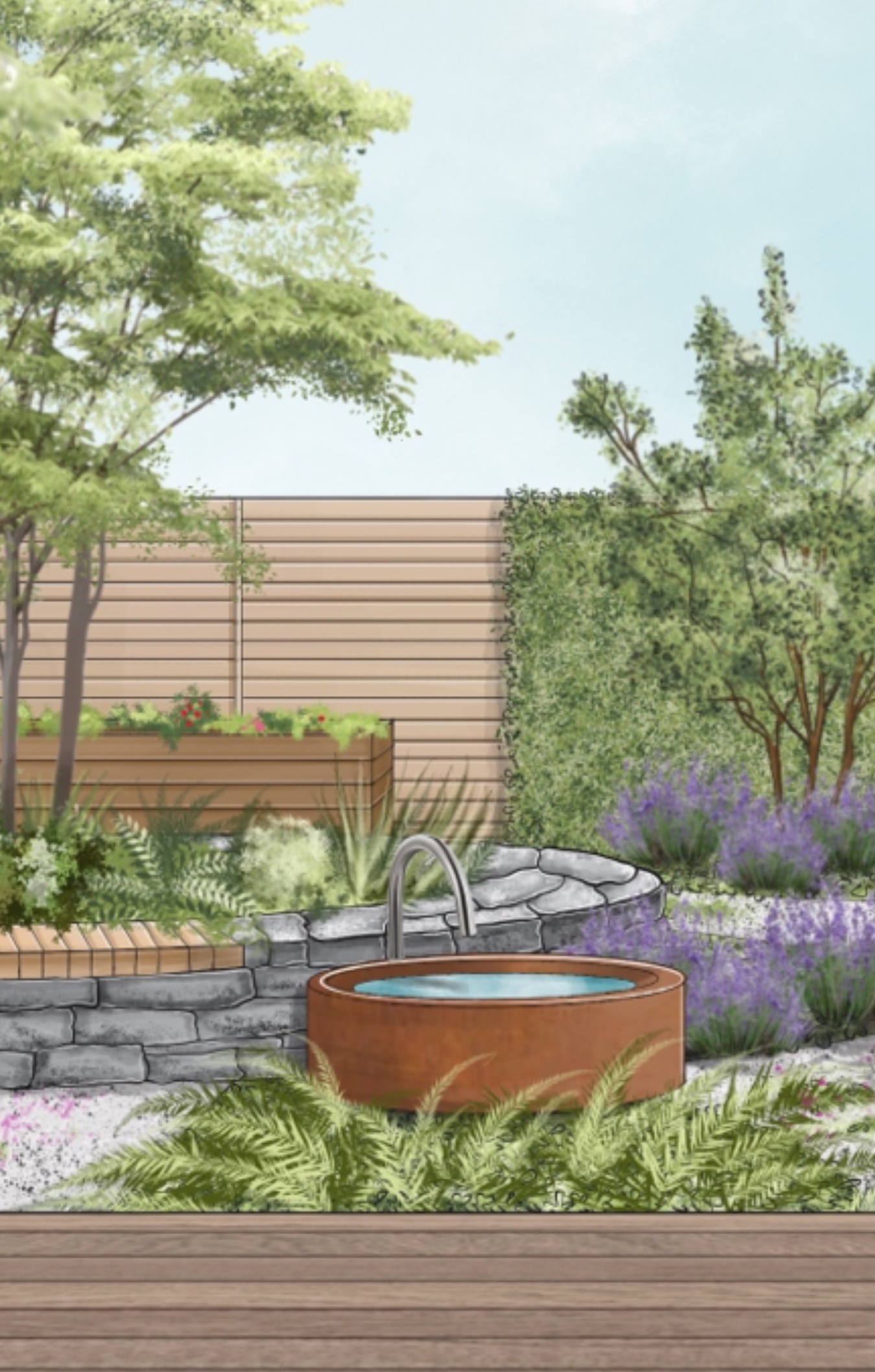 Természetes kert vázlata egy vizes elemmel