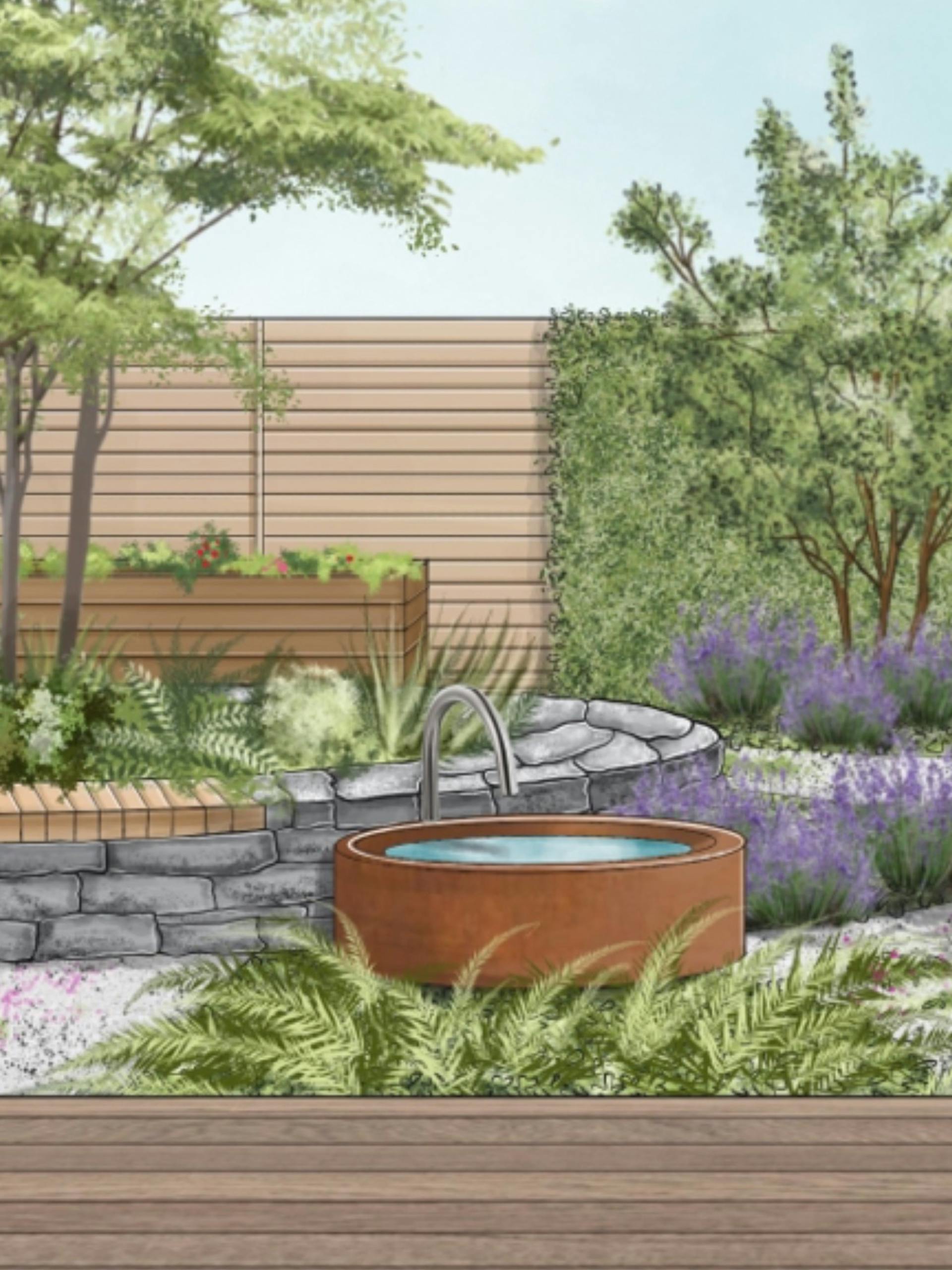 Természetes kert vázlata egy vizes elemmel