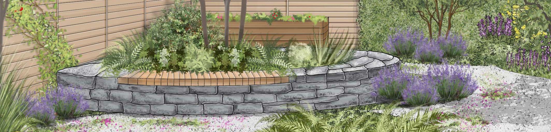 Természetes kert vázlata magaságyással és komposzttal