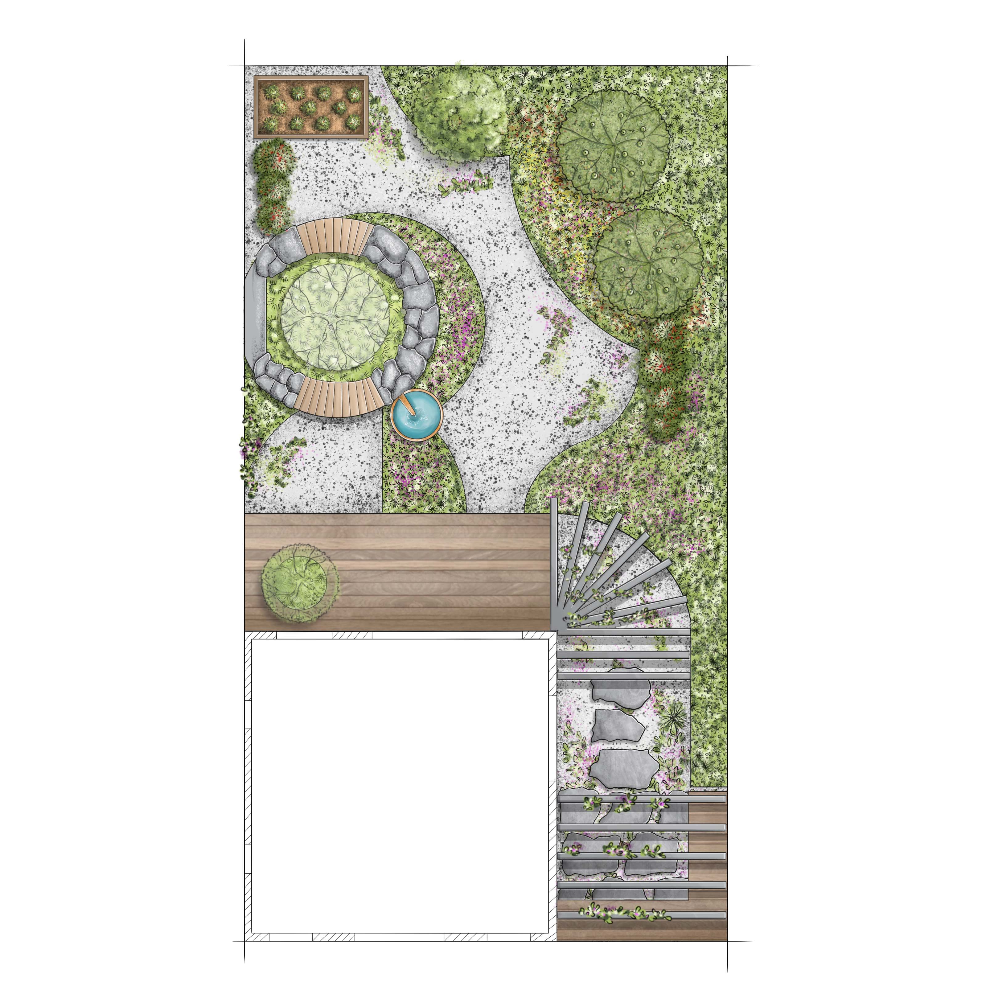 Természetes stílusú kert vázlata felülnézetből, teraszokkal, ágyásokkal és magaságyással