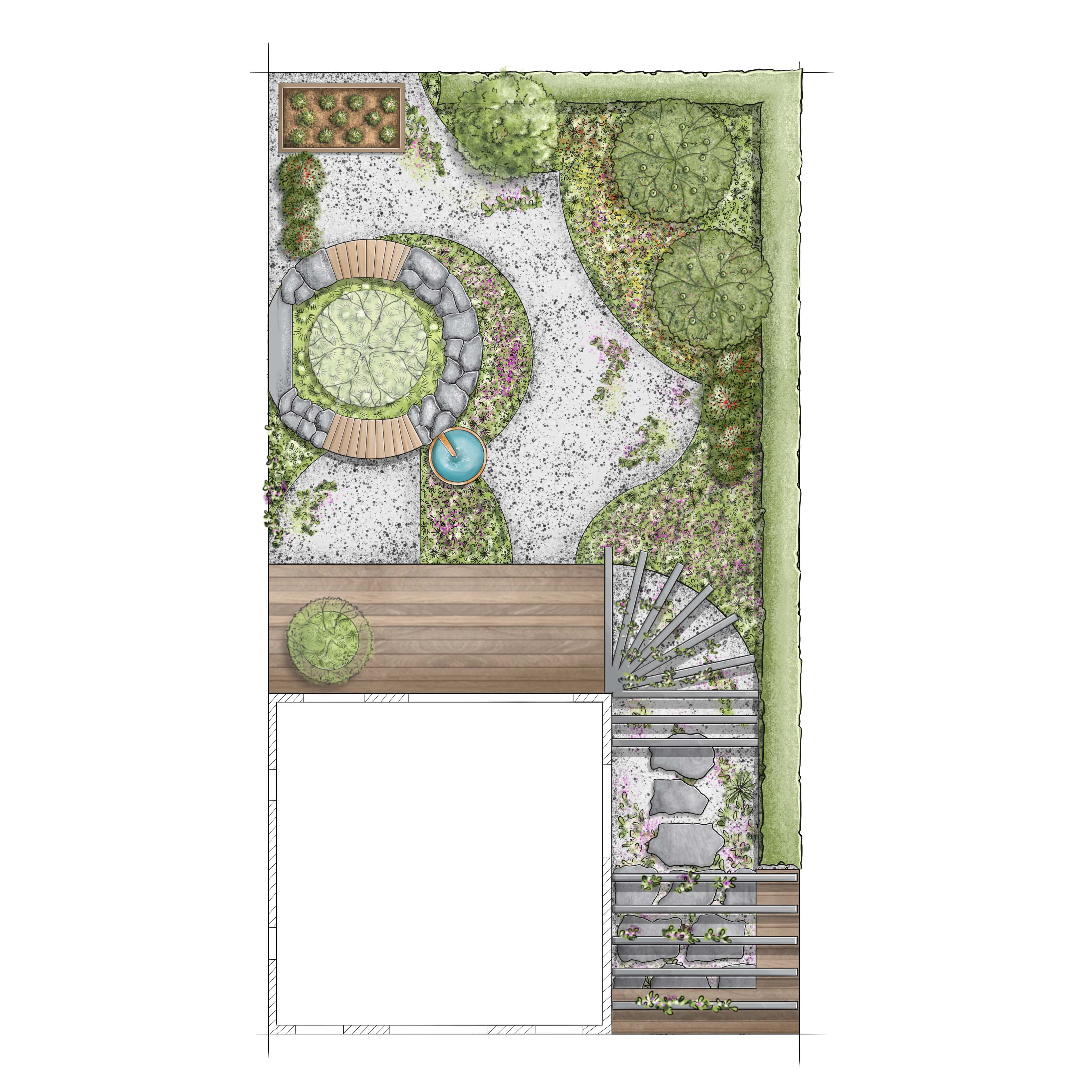 Természetes stílusú kert vázlata felülnézetből, teraszokkal, ágyásokkal és egy vegyes sövénnyel