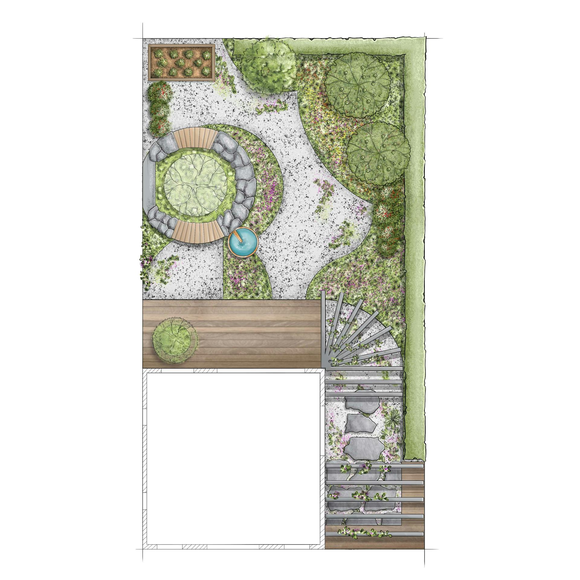 Természetes stílusú kert vázlata felülnézetből, teraszokkal, ágyásokkal és egy vegyes sövénnyel