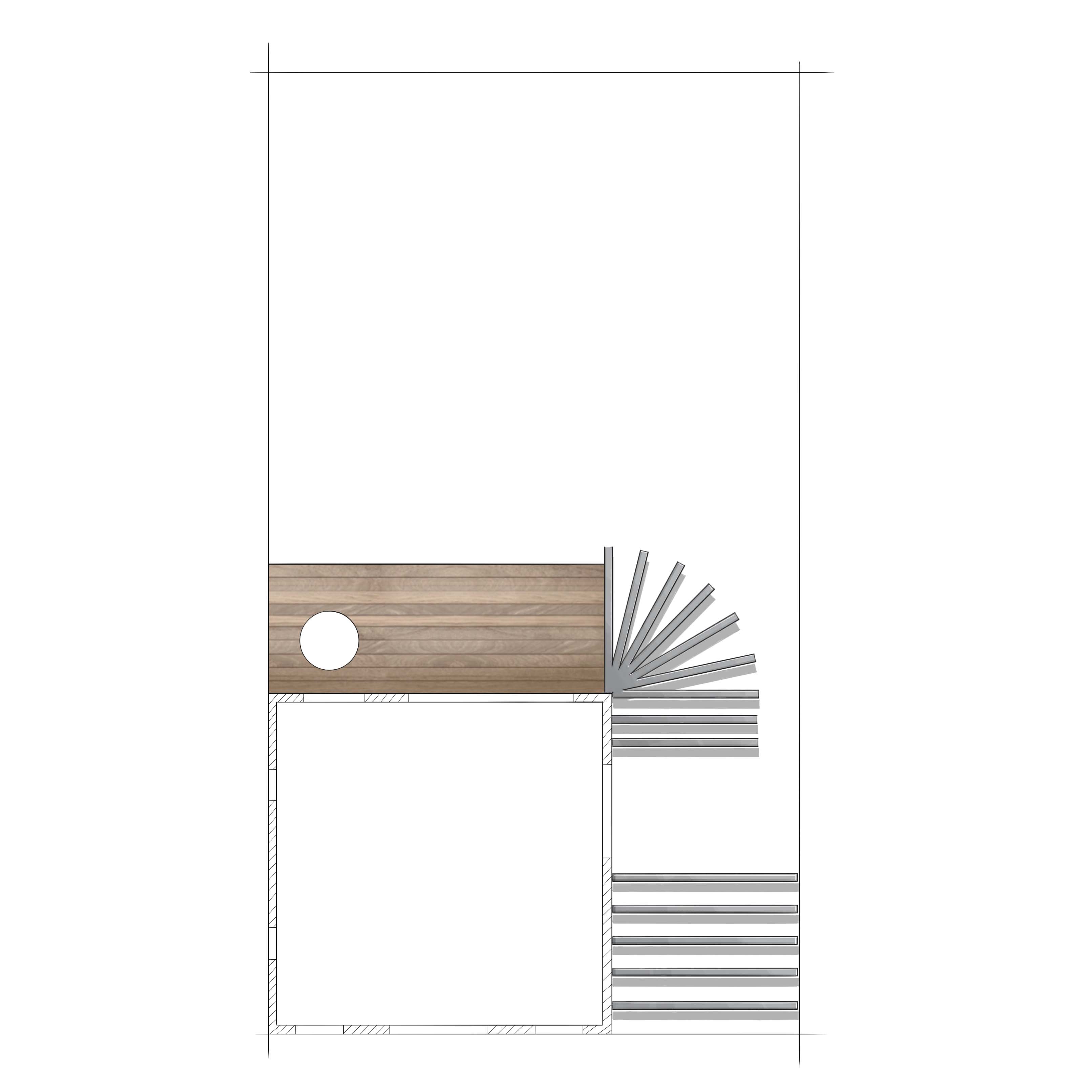 Természetes stílusú kert vázlata felülnézetből, terasszal és pergolával