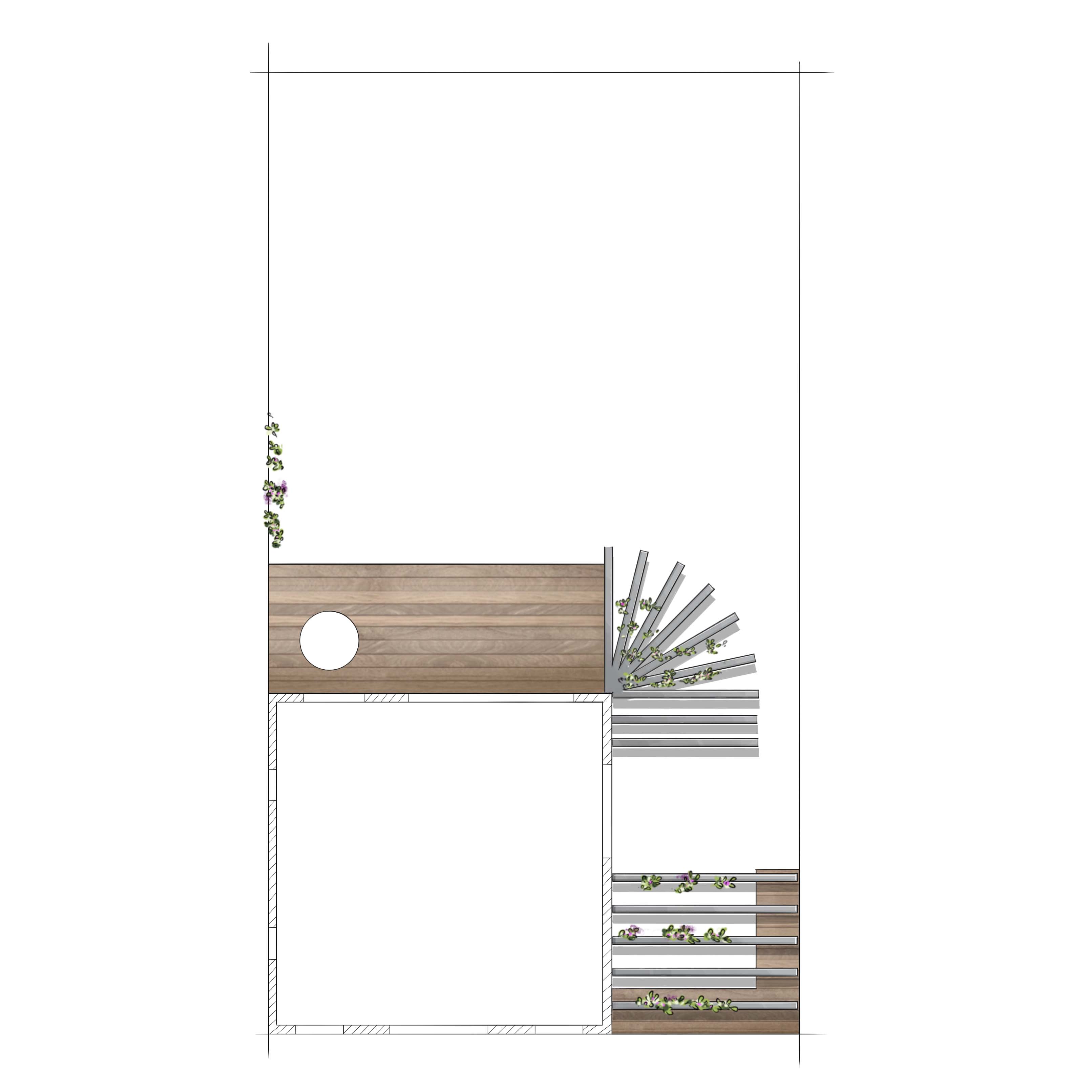 Természetes stílusú kert vázlata felülnézetből, faburkolatú terasszal, pergolával és lugassal