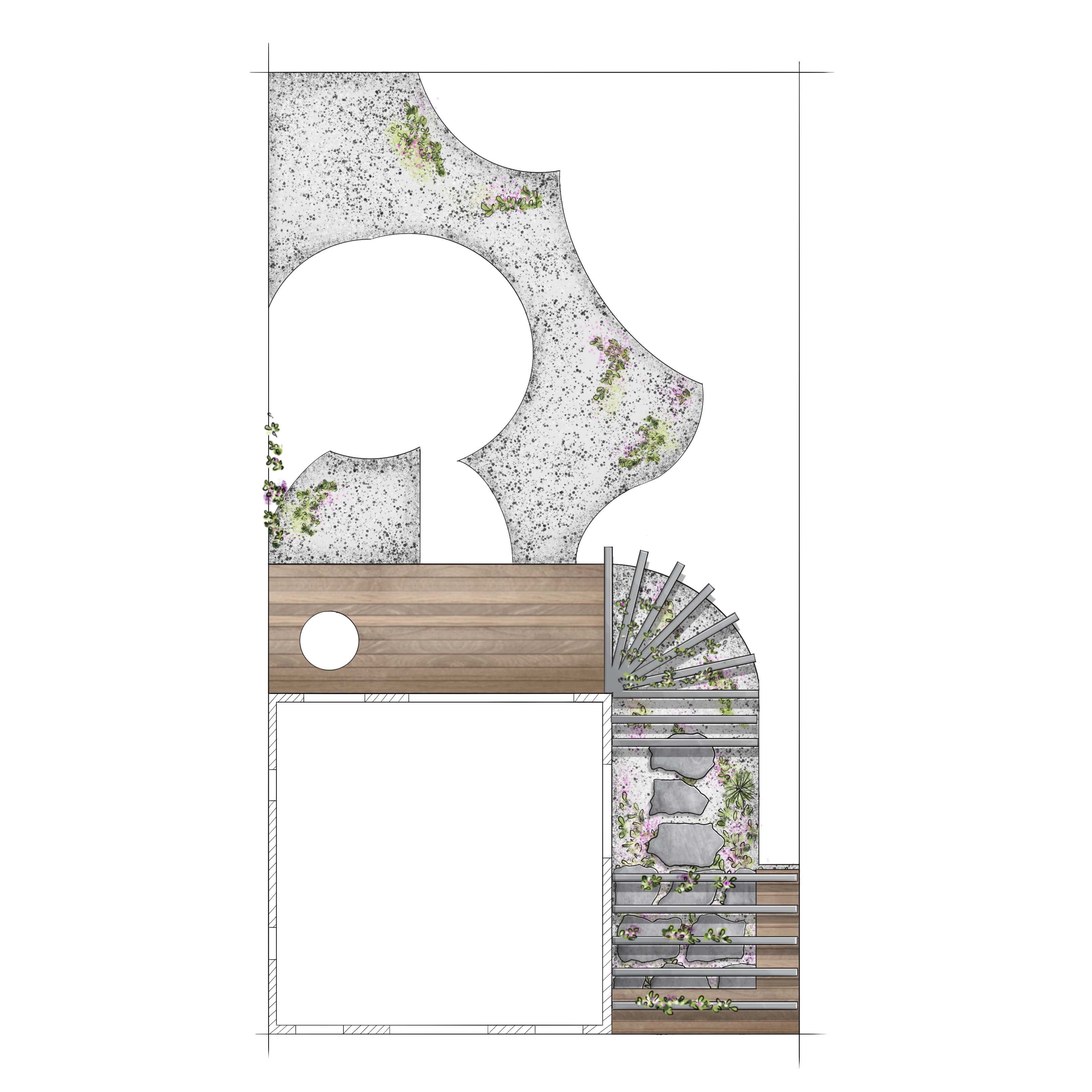 Természetes stílusú kert vázlata felülnézetből, faburkolatú terasszal, pergolával és ösvénnyel
