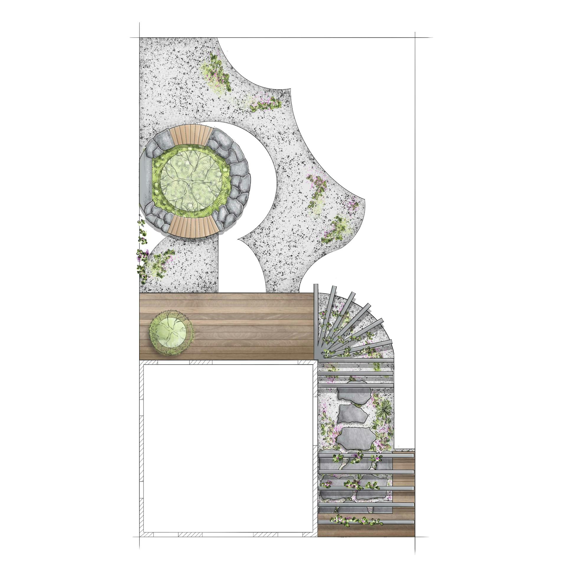 Természetes stílusú kert vázlata felülnézetből, terasszal, kavicsos területtel és magaságyással