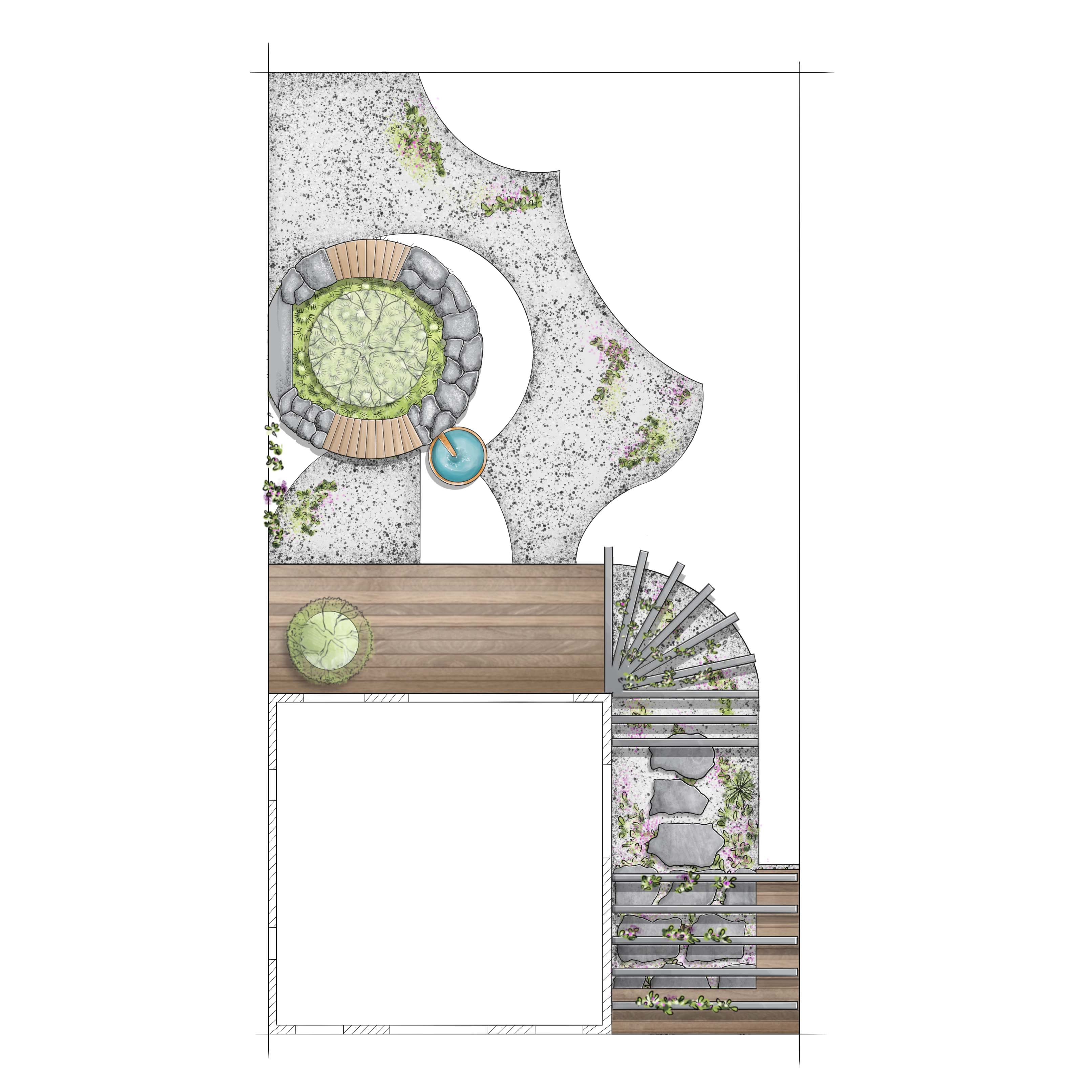 Természetes stílusú kerttervezés vázlata felülnézetből, teraszokkal, magaságyással és vizes elemmel