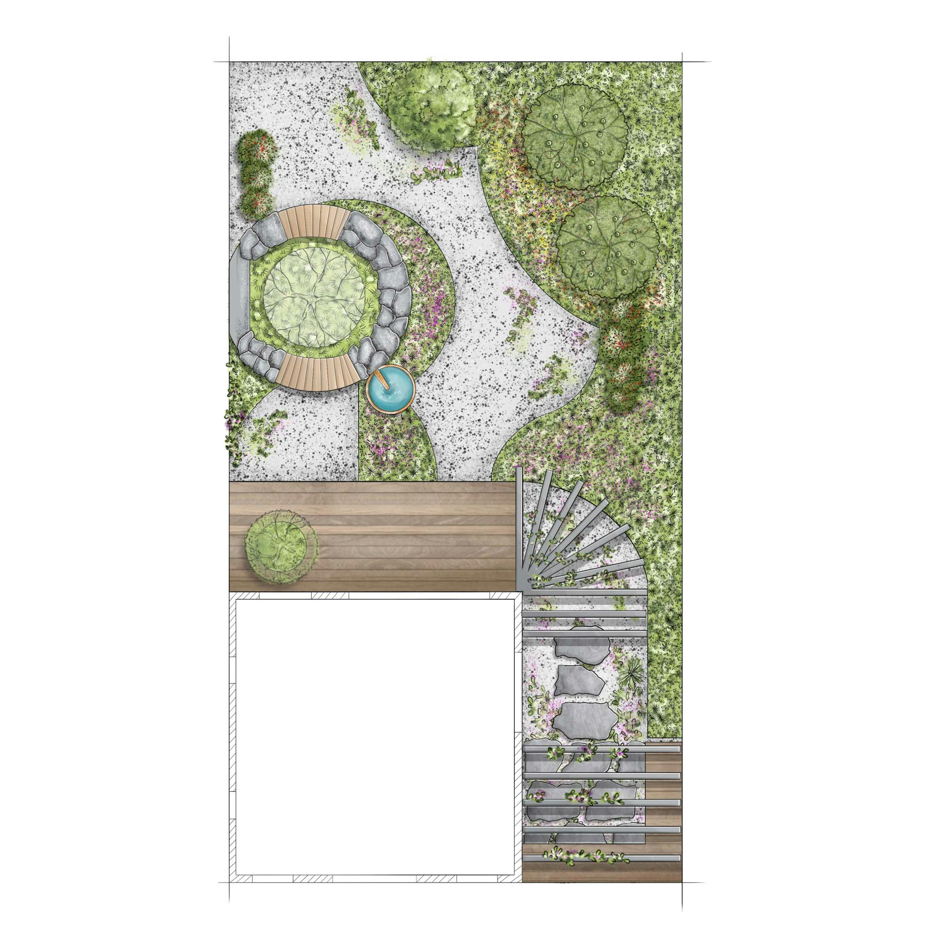 Természetes stílusú kerttervezés vázlata felülnézetből, teraszokkal, magaságyással, bogyós bokrokkal és gyümölcsfákkal