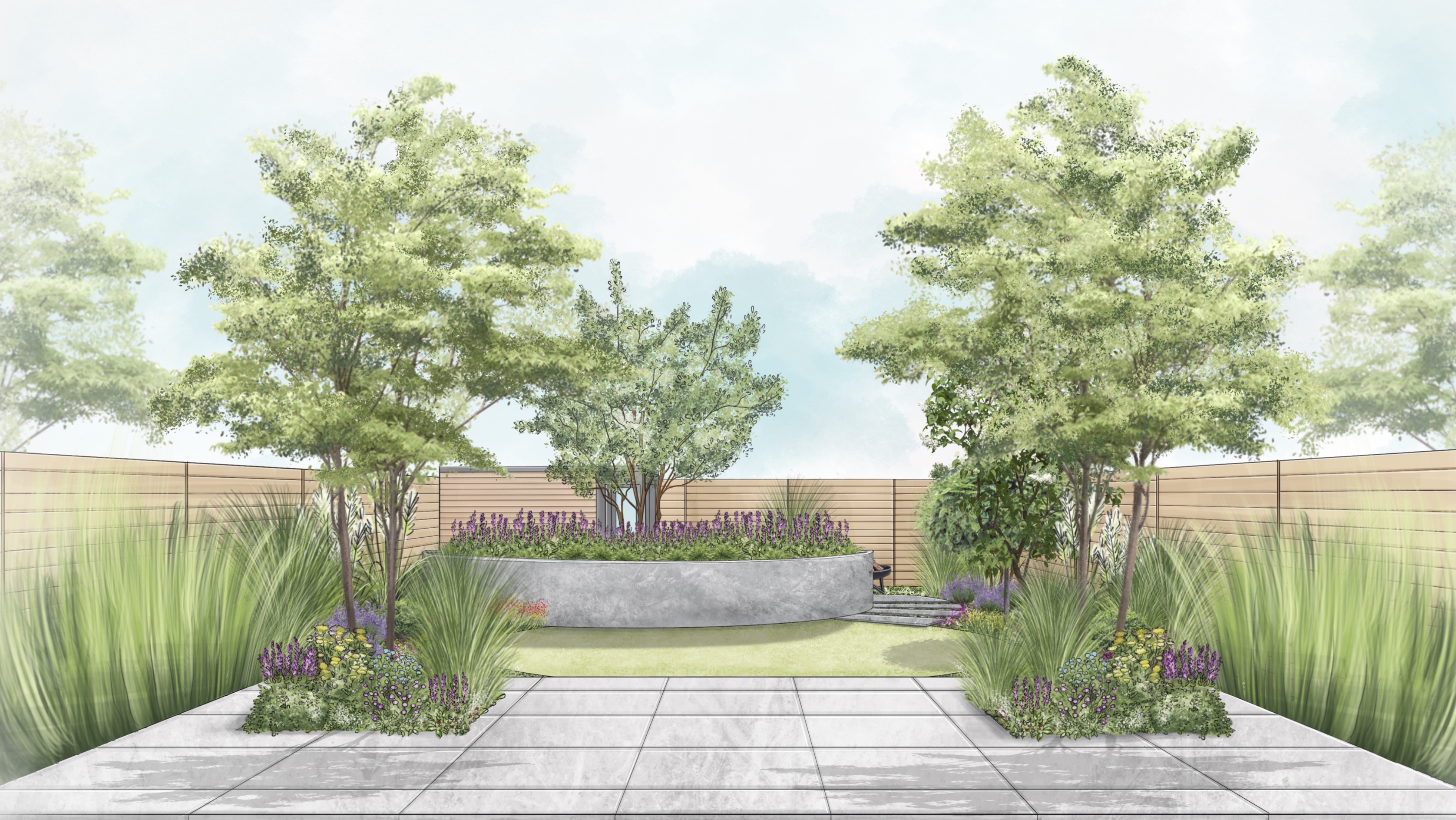 Skizze von einer Gartenplanung im romantischen Stil mit zwei Gehölzen in der Terrasse