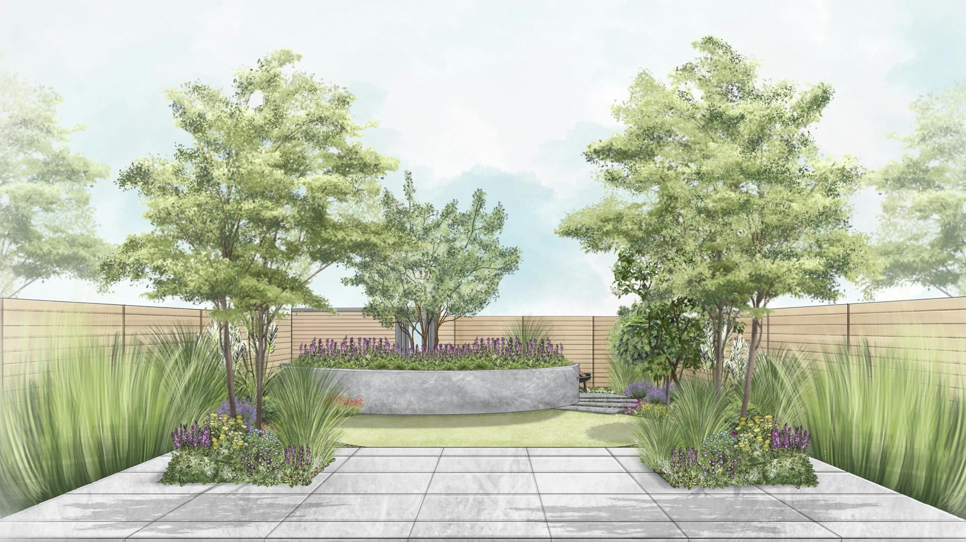 Skizze von einer Gartenplanung im romantischen Stil mit zwei Gehölzen in der Terrasse