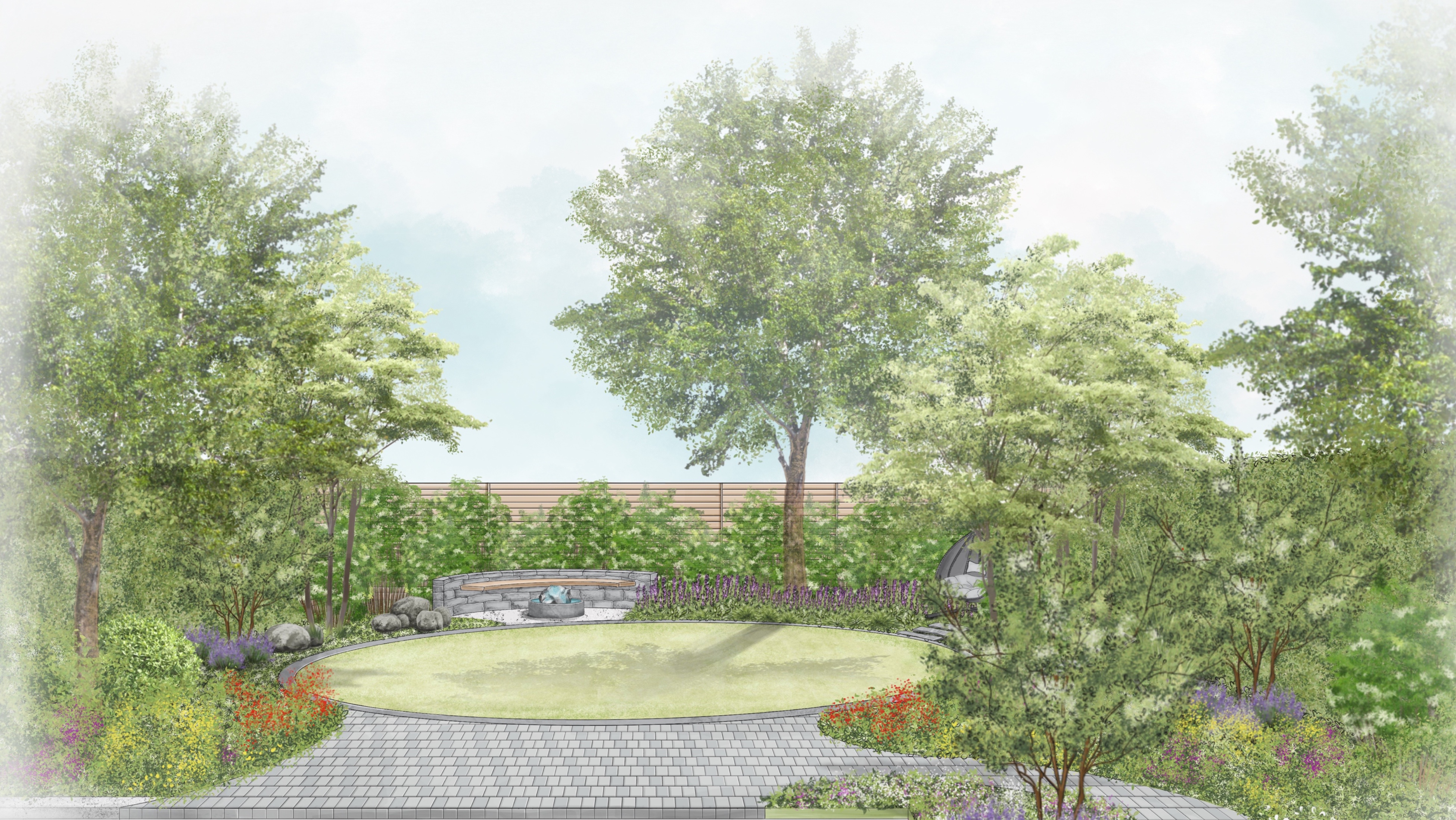 Skizze von einer Gartenplanung im romantischen Stil mit einer zentralen runden Rasenfläche