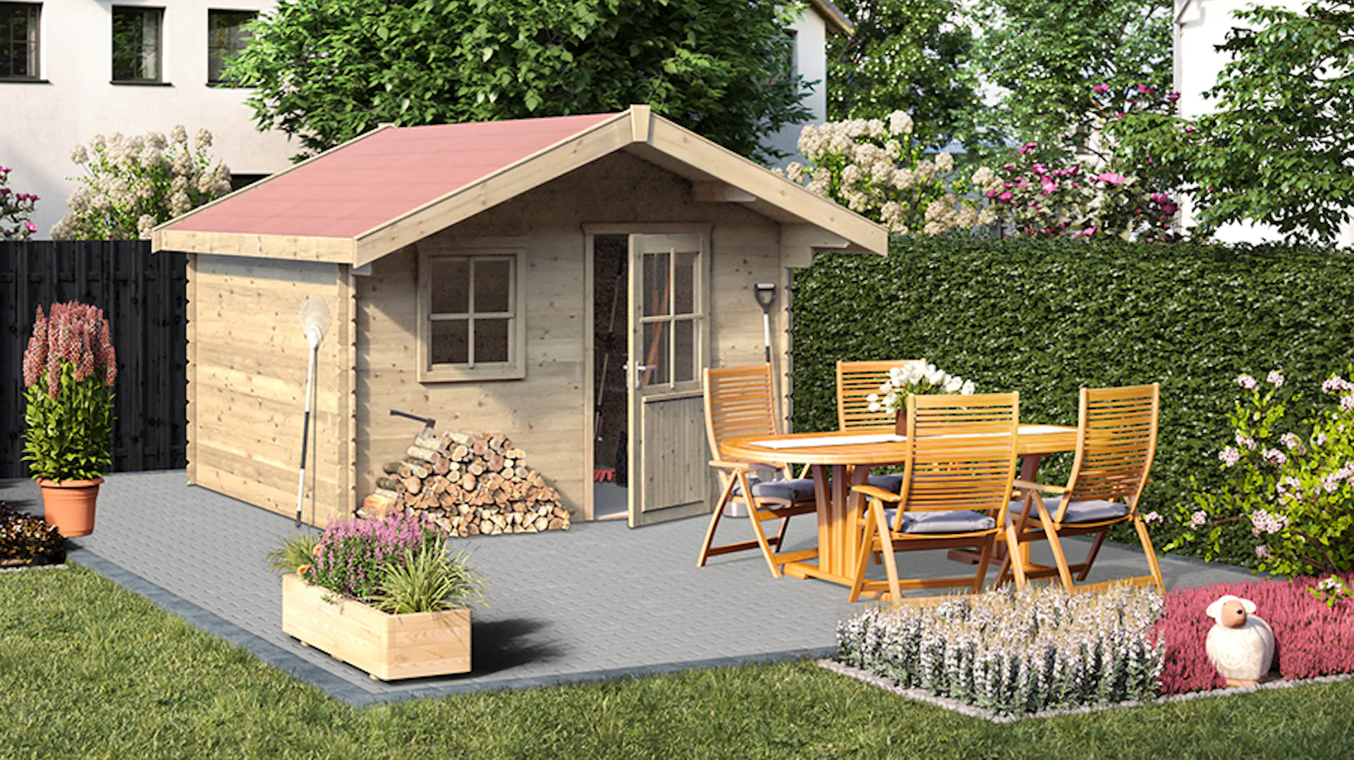 Gartengestaltung klassisches Gartenhaus aus Holz auf Steinboden hinter Sitzgruppe aus Holz vor eingefassten Beeten