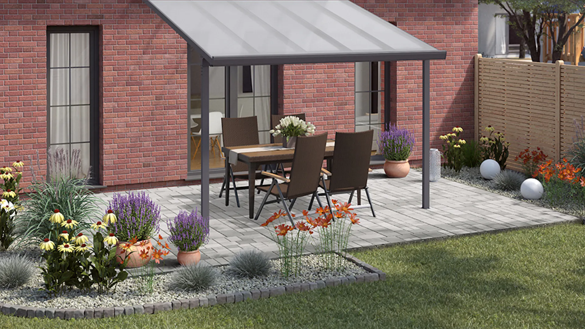 Gartengestaltung klassische Terrassse mit Sitzgruppe aus Steinboden unter Sonnenschutz neben eingefasstem Beet und hohem Holzzaun als Sichtschutz