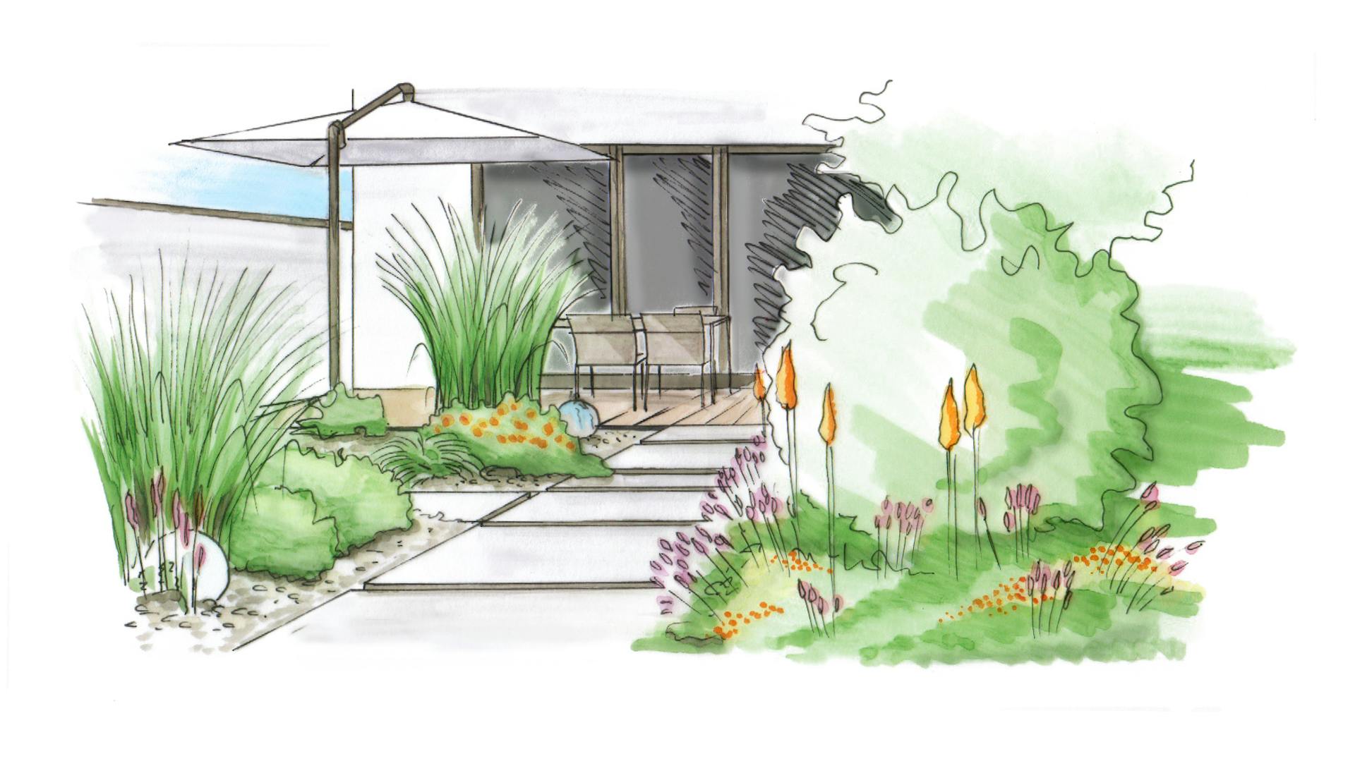 Gartengestaltung Garten modern gestalten Skizze mit moderner Terrasse mit großen Bodenplatten pointierter Bepflanzung in gedeckten Farben und eckigem Sonnenschutz