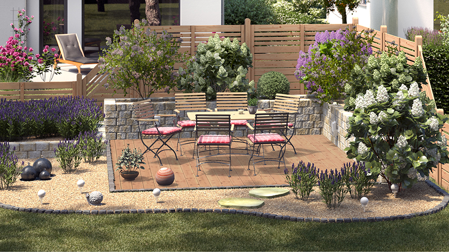 Gartengestaltung romantischer Sitzplatz mit Sitzecke aus Holz und Metall mit rosafarbenen Sitzkissen auf Holzboden neben üppigen gemauerten Hochbeeten