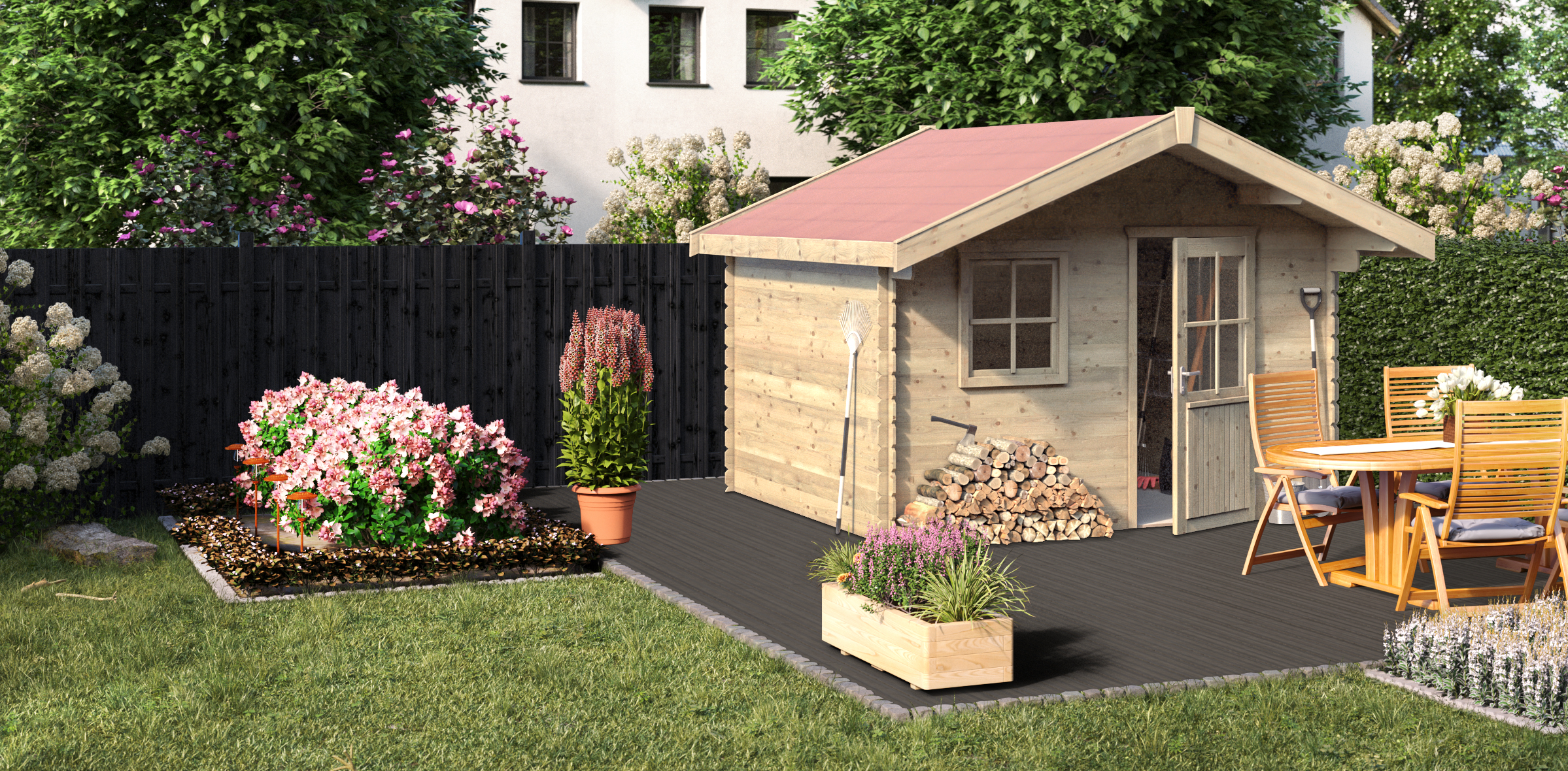 Ideen für die Gartengestaltung klassisches Gartenhaus auf Steinboden an Blumenkästen aus Holt Stein und Terrakotta und Sitzgruppe aus Holz