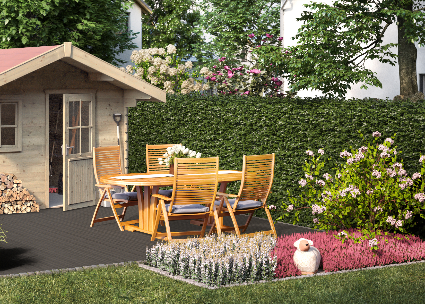 Ideen für die Gartengestaltung klassisches Gartenhaus auf Steinboden mit Sitzgruppe aus Holz vor bepflanzten Beeten