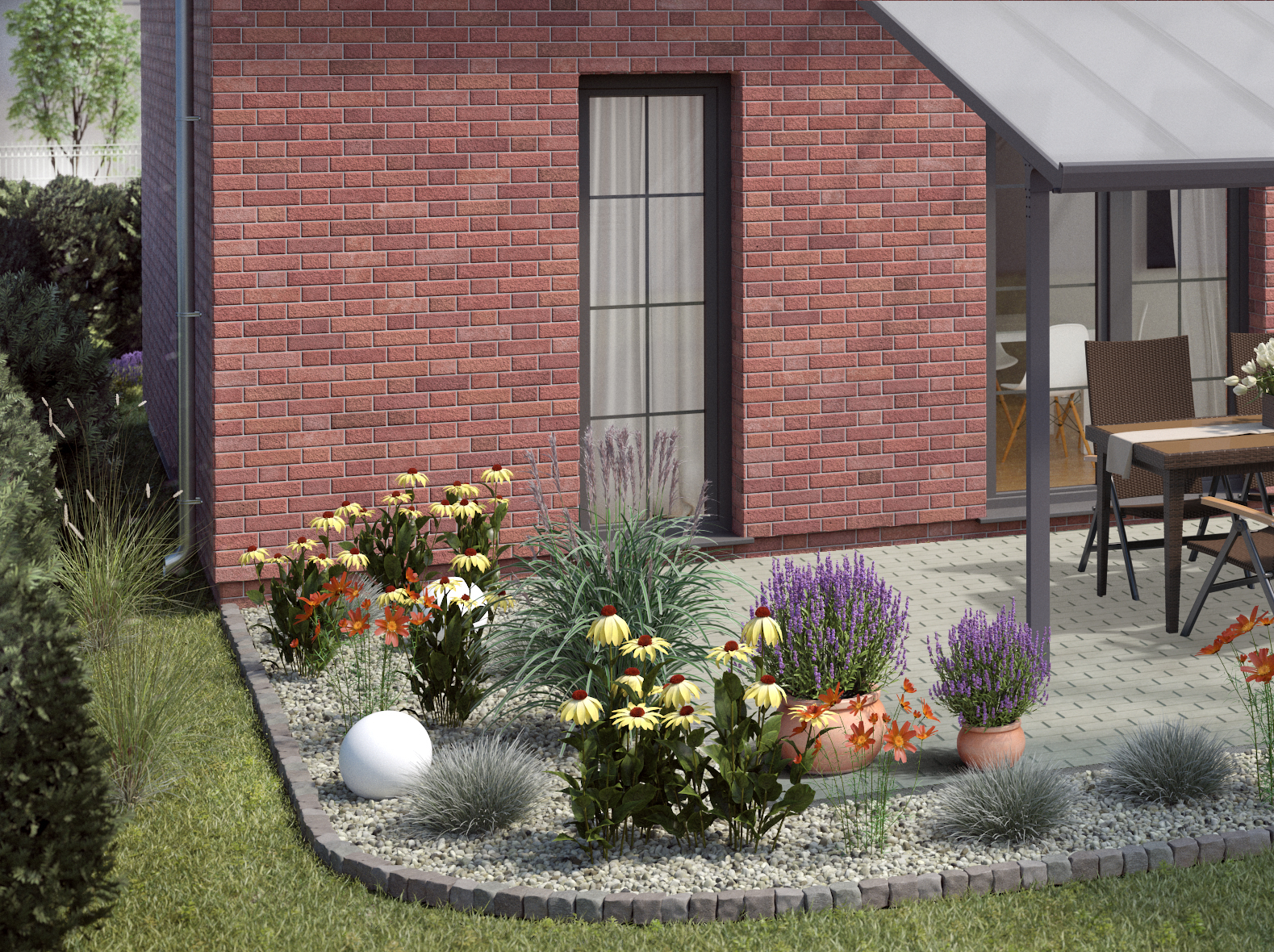 Ideen für die Gartengestaltung klassische Terrasse mit Steinboden neben bepflanzten Beeten mit Zierkieseln und bepflanzten Terrakottatöpfen