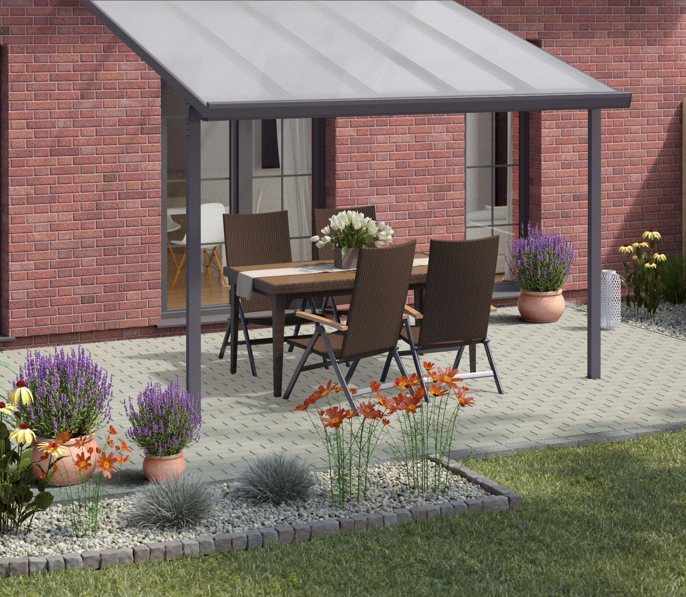 Ideen für die Gartengestaltung klassische Terrasse mit Sitzgruppe aus Holz auf Steinboden unter Sonnenschutz
