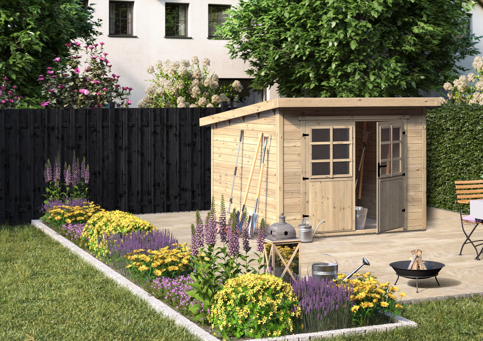 Ideen für die Gartengestaltung mediterranes Gartenhaus aus Holz auf Natursteinboden an ummauerten bepflanzten Beeten mit Gießkanne und Deko