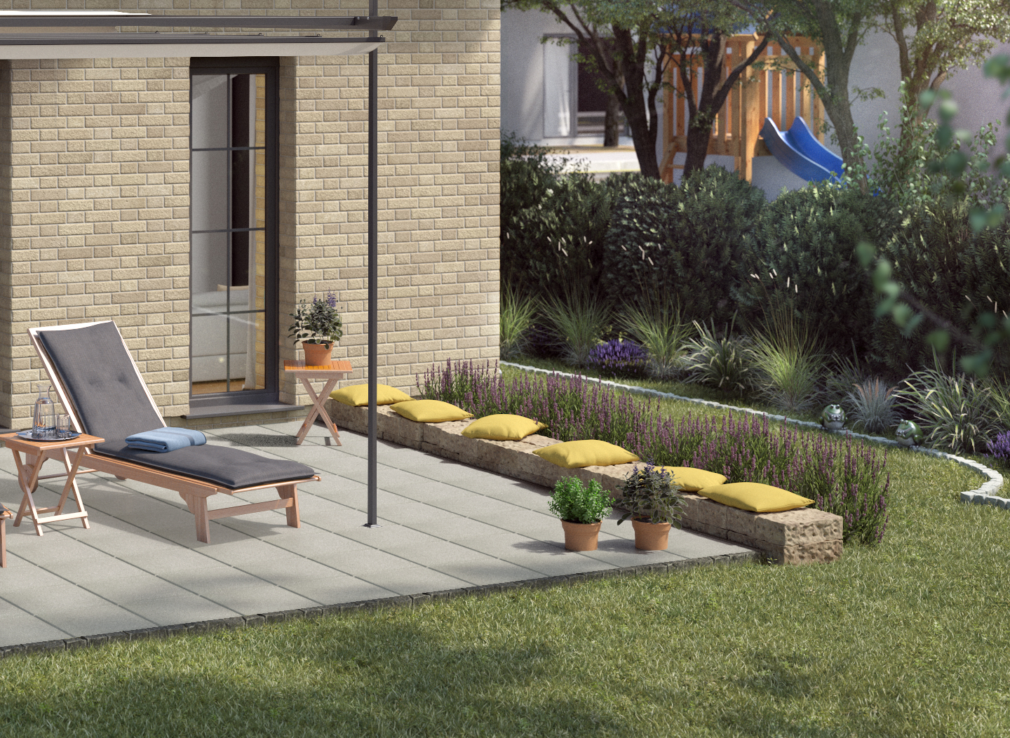 Ideen für die Gartengestaltung mediterrane Terrasse Liegen aus Holz auf Natursteinboden unter Markise an Terrakottatöpfen und Sitzmauer neben Lavendelpflanzen