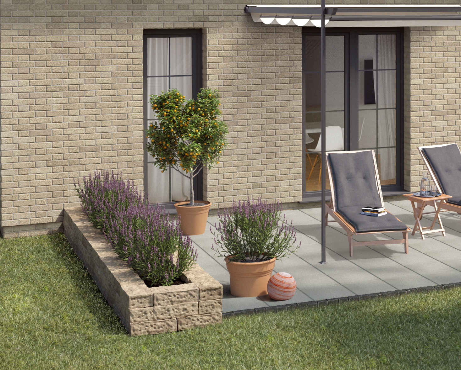 Ideen für die Gartengestaltung mediterrane Terrasse Liegen auf Natursteinboden an Terrakottatöpfen mit Bepflanzung und gemauertem Hochbeet mit Lavendel