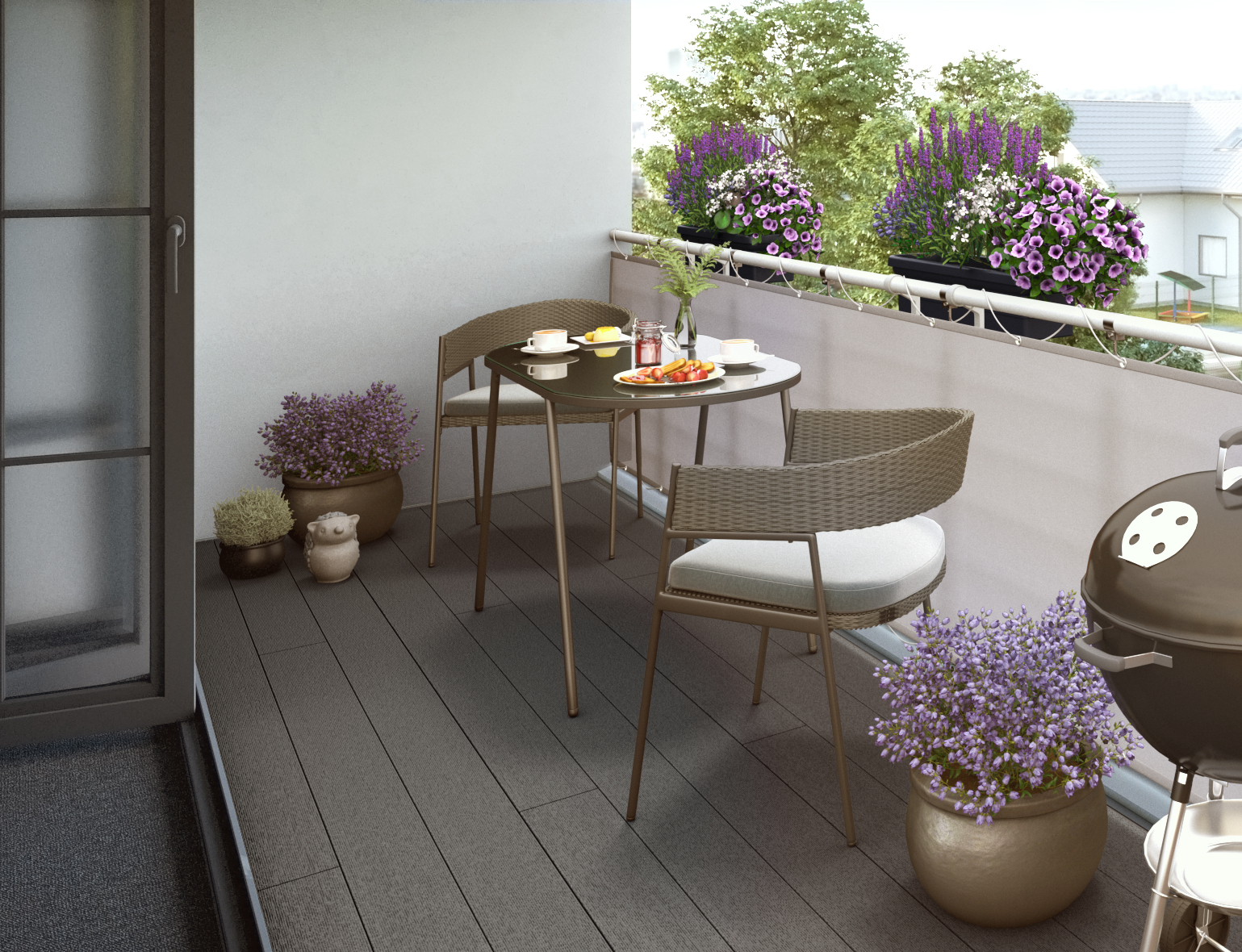 Ideen für die Gartengestaltung moderner Balkon mit Stühlen und Tisch aus Rattan und Metall auf Fliesen an dezentem Sichtschutz metallenen Blumentöpfen und Grill in gedeckten Farben