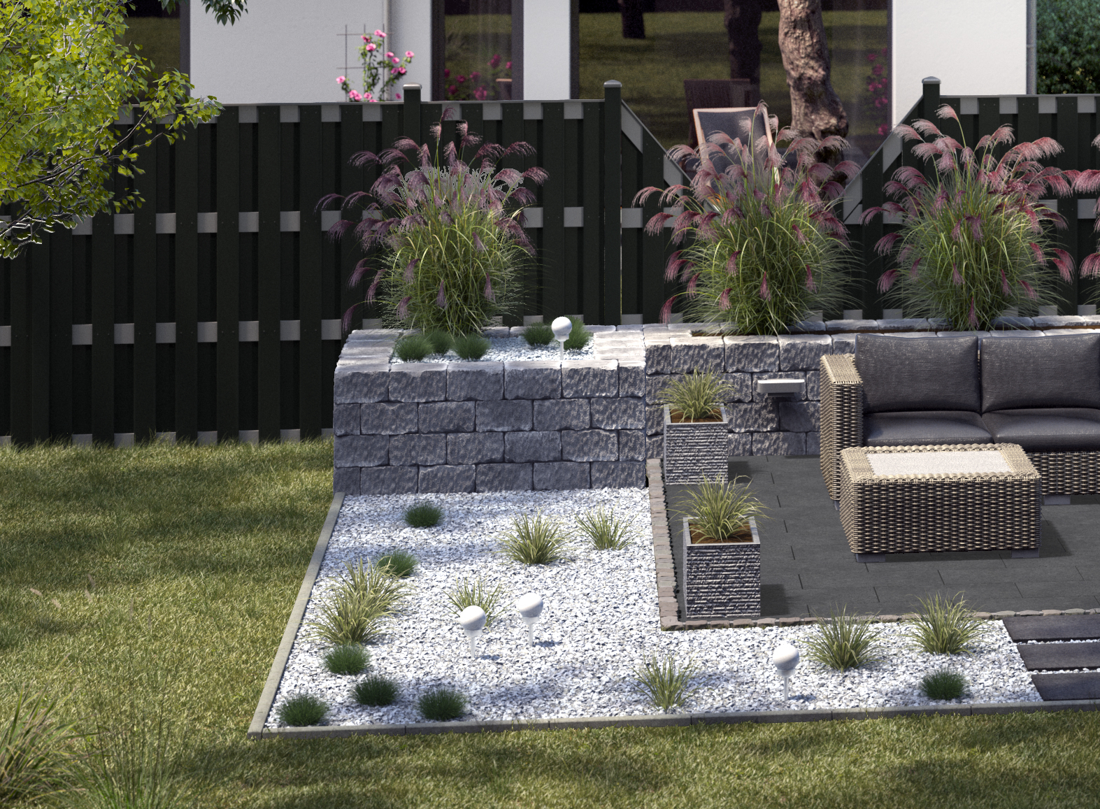 Ideen für die Gartengestaltung moderne Sitzecke aus Rattan auf Fliesen an pointiert bepflanztem Beet mit Zierkieseln