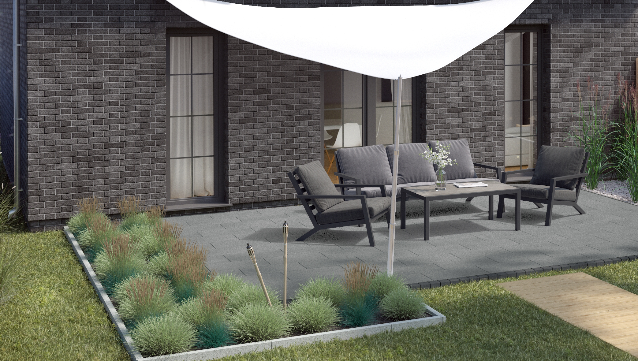 Ideen für die Gartengestaltung moderne Terrasse mit gepolsterter Sitzecke aus Holz auf Steinplatten unter Sonnensegel an eckigem Beet mit Gräsern