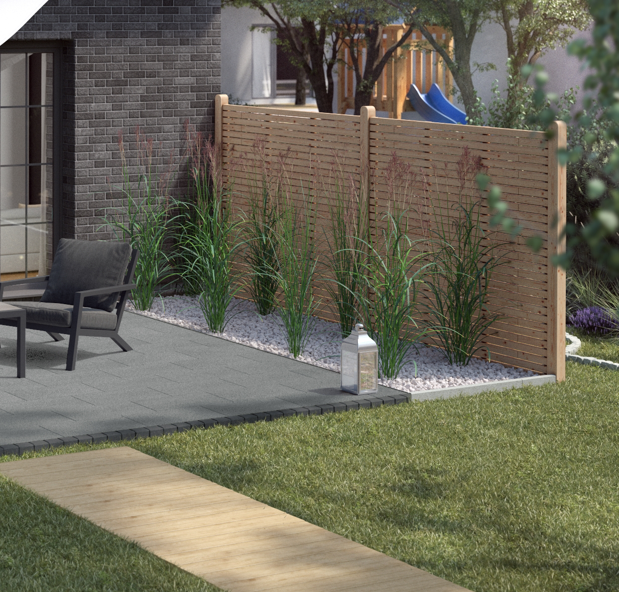 Ideen für die Gartengestaltung moderne Terrasse mit Steinplatten an Beet mit Zierkieseln und Gräsern neben hohem Holzzaun als Sichtschutz