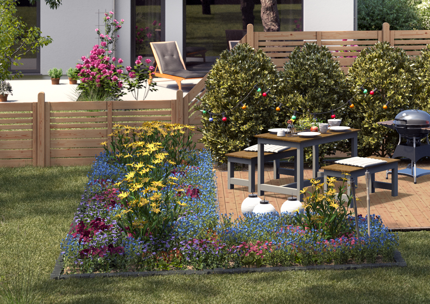Ideen für die Gartengestaltung natürlicher Sitzplatz mit Sitzgruppe aus Holz und Metall neben Grill auf Holzdielen an bepflanztem Beet Dekolampions und geschmückten Bäumen