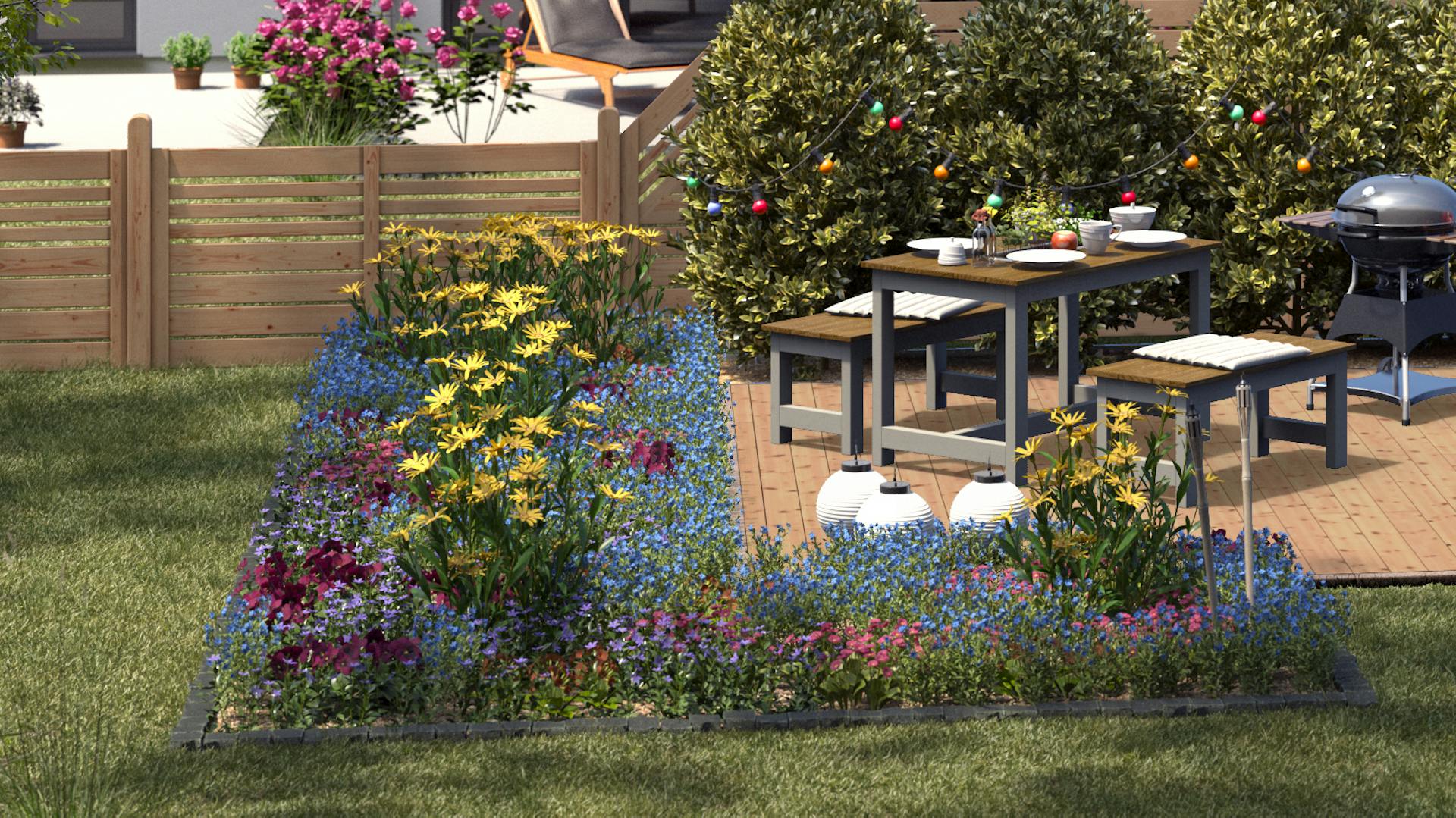 Ideen für die Gartengestaltung natürlicher Sitzplatz mit Sitzgruppe aus Holz und Metall neben Grill auf Holzdielen an bepflanztem Beet Dekolampions und geschmückten Bäumen