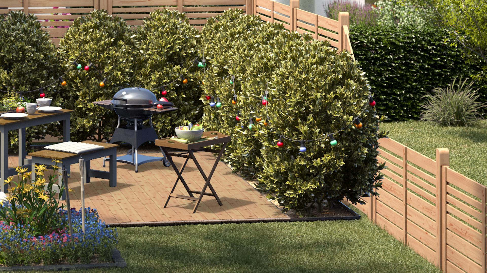 Ideen für die Gartengestaltung natürlicher Sitzplatz mit Grill auf Holzdielen und geschmückten Bäumen