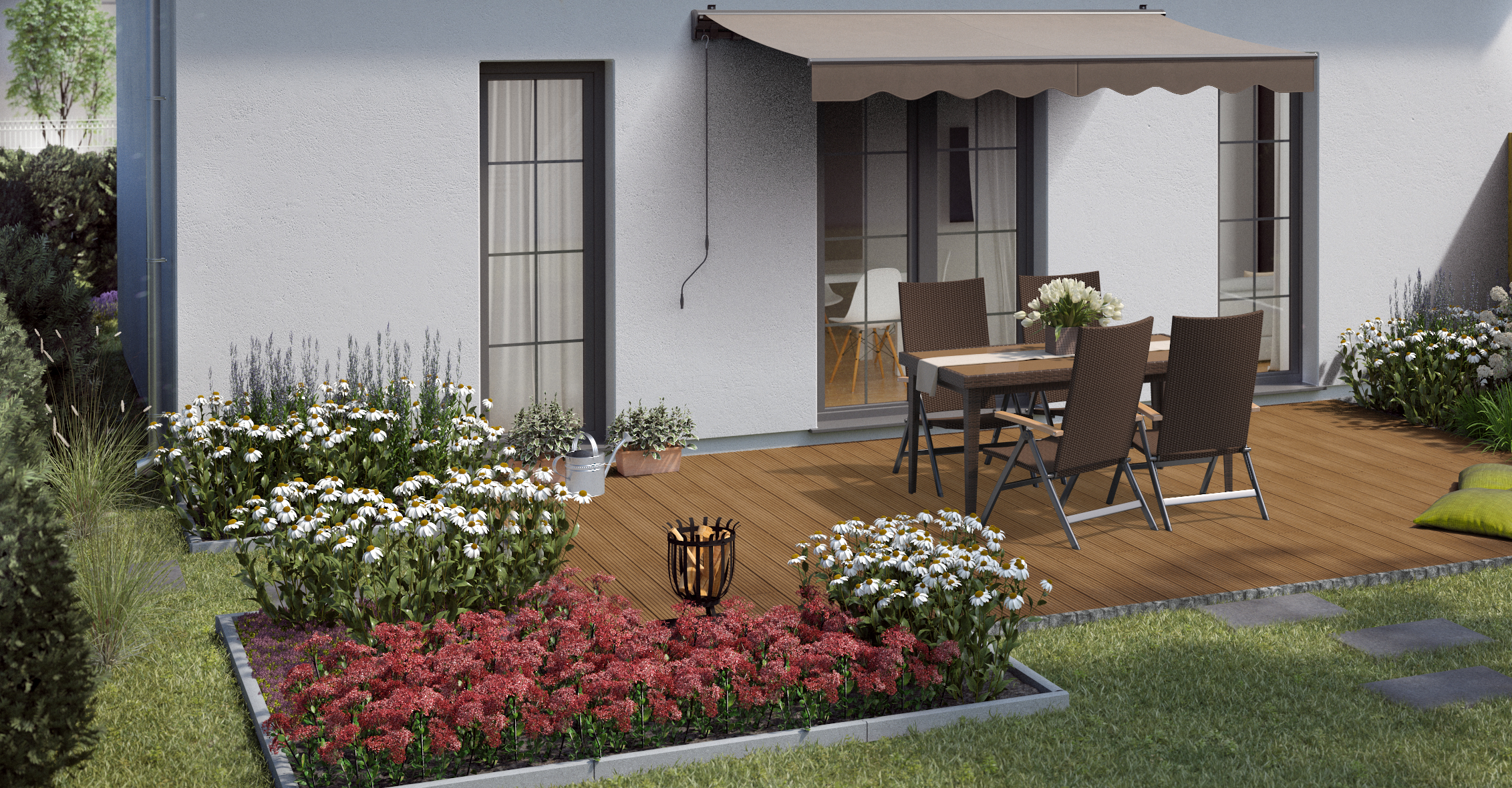 Ideen für die Gartengestaltung natürliche Terrasse mit Sitzgruppe aus Holz und Metall auf Holzdielen unter beiger Markise an natürlich bepflanzten Blumenbeeten
