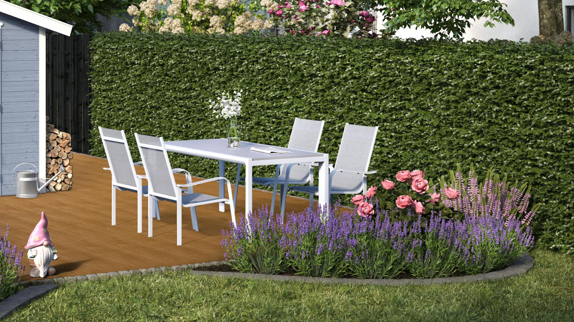 Ideen für die Gartengestaltung romantisches Gartenhaus auf Holzboden mit blauer Sitzgruppe aus Holz an Beet mit Lavendel und pinken Rosen