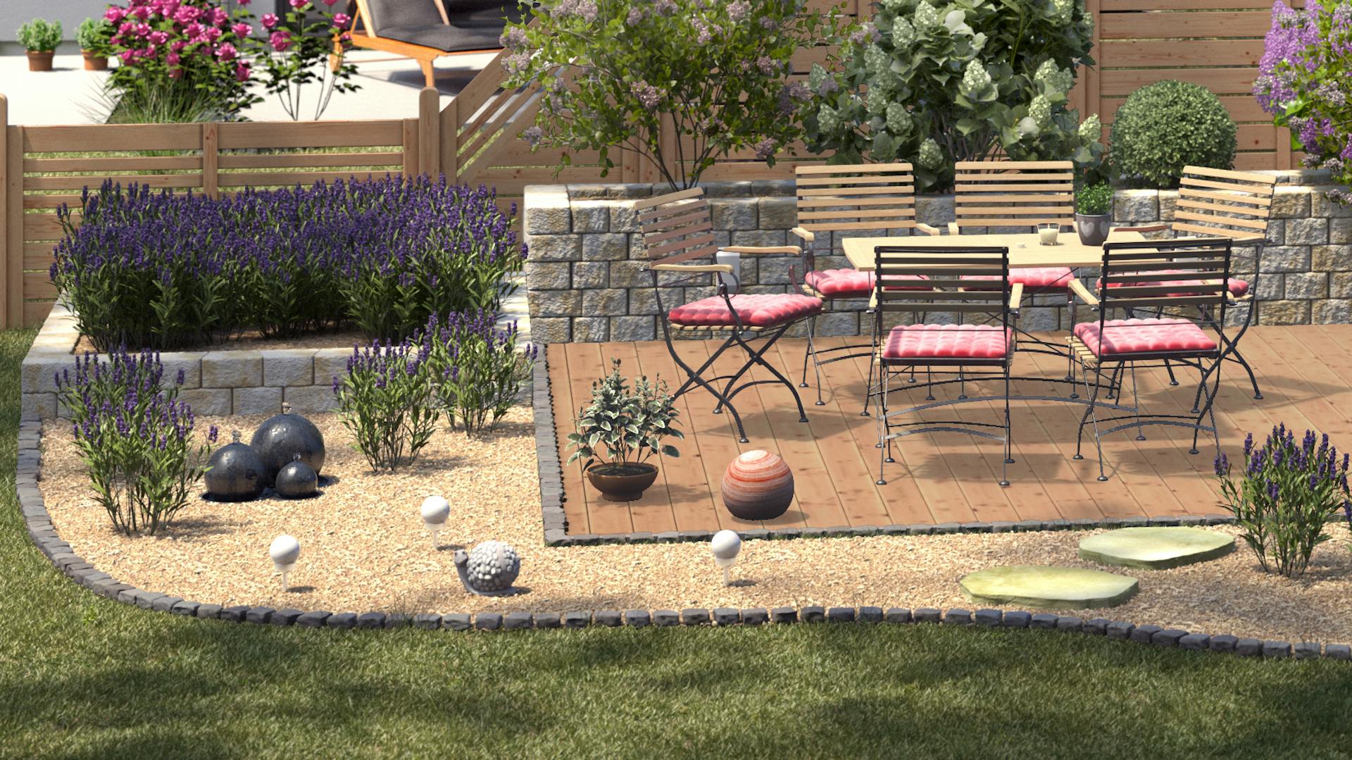 Ideen für die Gartengestaltung romantischer Sitzplatz mit Sitzgruppe aus Holz und Metall auf Holzboden an teils gemauerten Beeten mit Zierkiesel und Lavendel