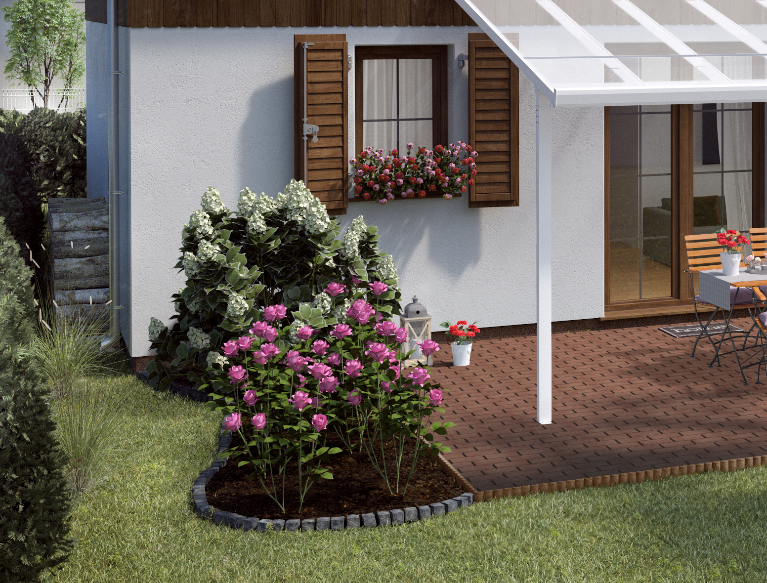 Ideen für die Gartengestaltung romantische Terrasse mit Natursteinboden und weißem Sonnenschutz an bepflanzten Beeten 
