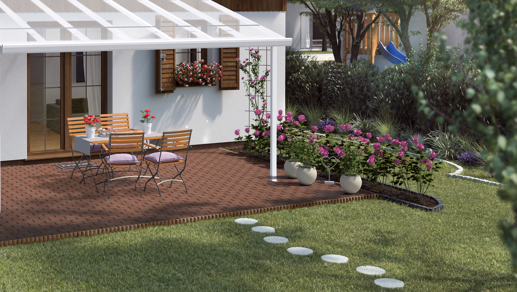 Ideen für die Gartengestaltung romantische Terrasse mit Sitzgruppe aus Holz und Metall auf Natursteinboden unter weißem Sonnenschutz an Rosenbeeten