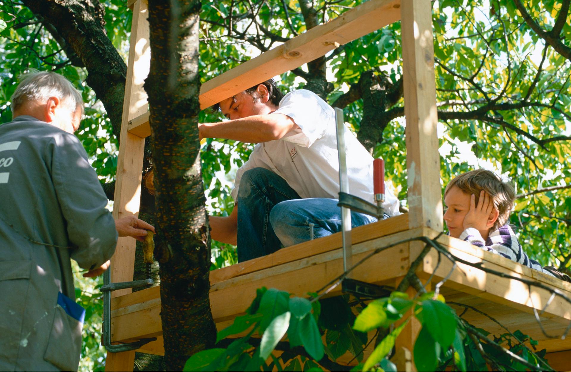 Due persone costruiscono un parapetto per la casa sull'albero.