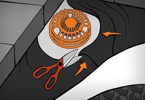 A tetőlefolyók helye a vízelvezető rétegből és a szűrő geotextíliából ollóval van kivágva.