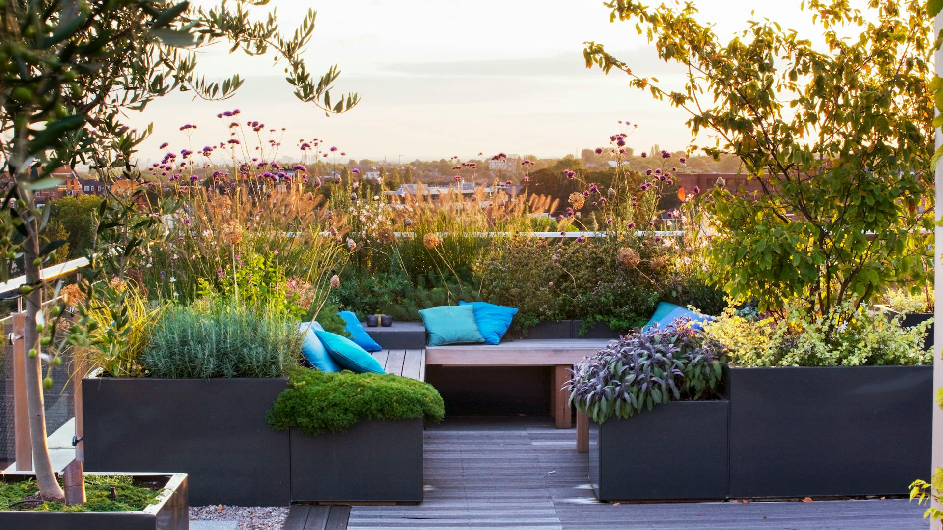 Egy tágas tetőkert bútorokkal és növényekkel felosztva. A magasabbra helyezett cserjék belátásgátlóként szolgálnak.