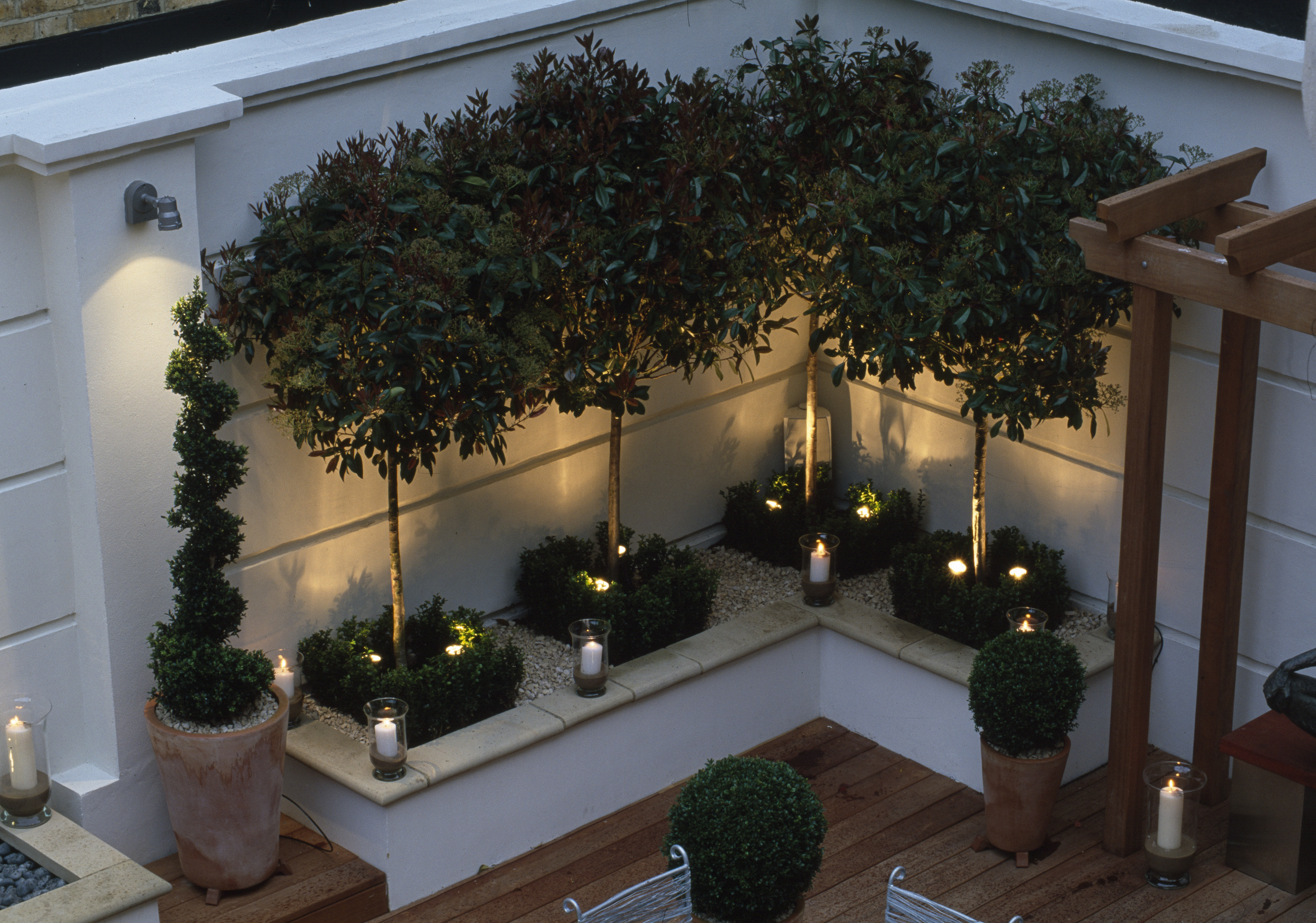 Kisebb fák egy tetőkert sarkában, emelvényen, megvilágítva.