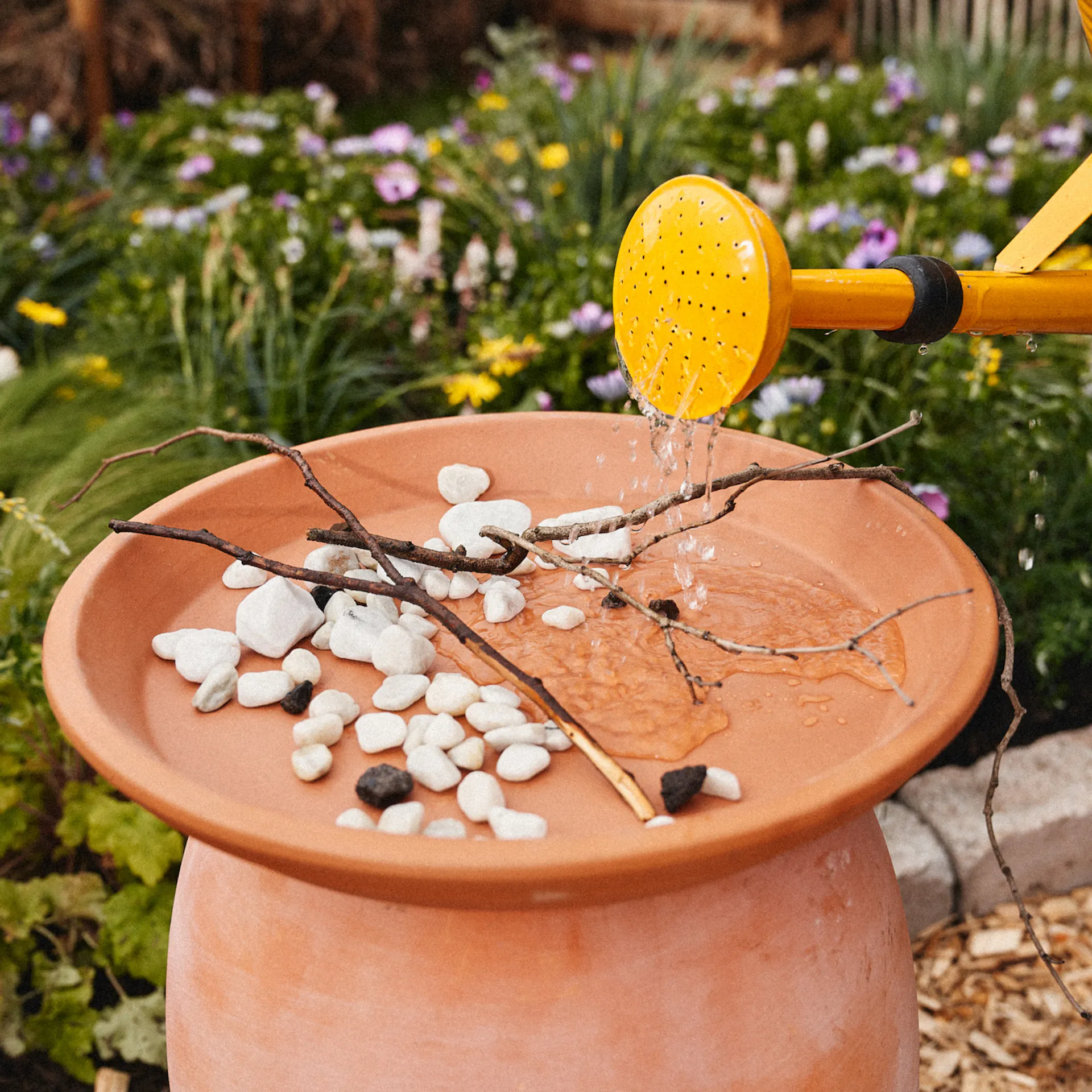 Vizet öntenek az itatóba egy locsolókanna segítségével.