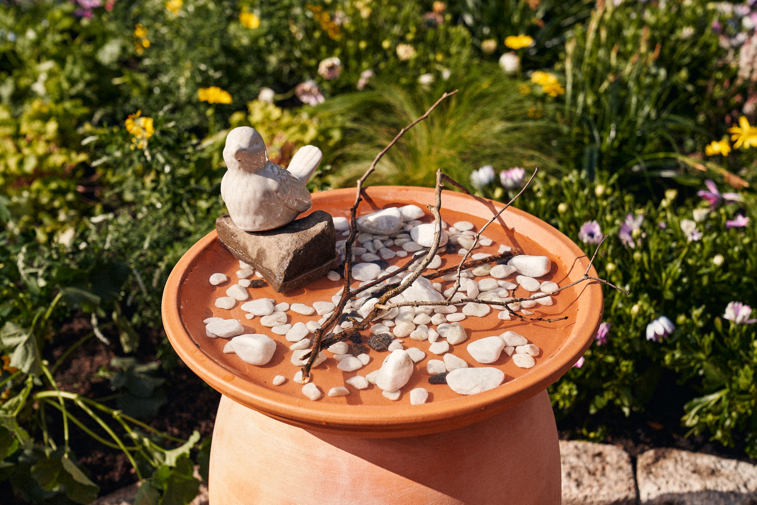 Ágakkal és kavicsokkal megtöltött madáritató.