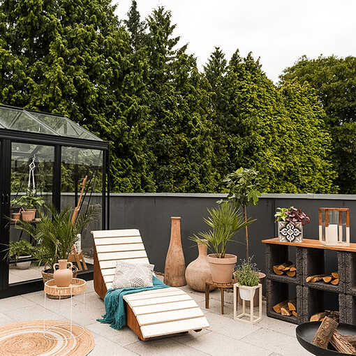 Vor einem Gewächshaus stehen auf einer Terrasse ein Beistelltisch, eine Liege und viele Pflanzen