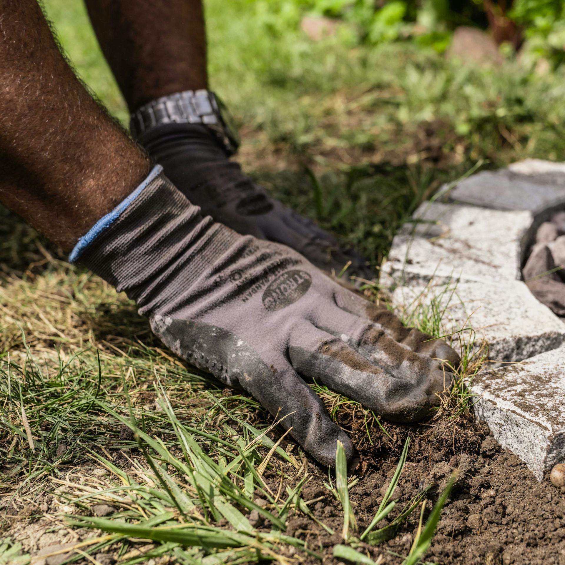 Hobbisti distribuiscono il terriccio intorno al cesto braciere di nuova costruzione con i loro guanti.